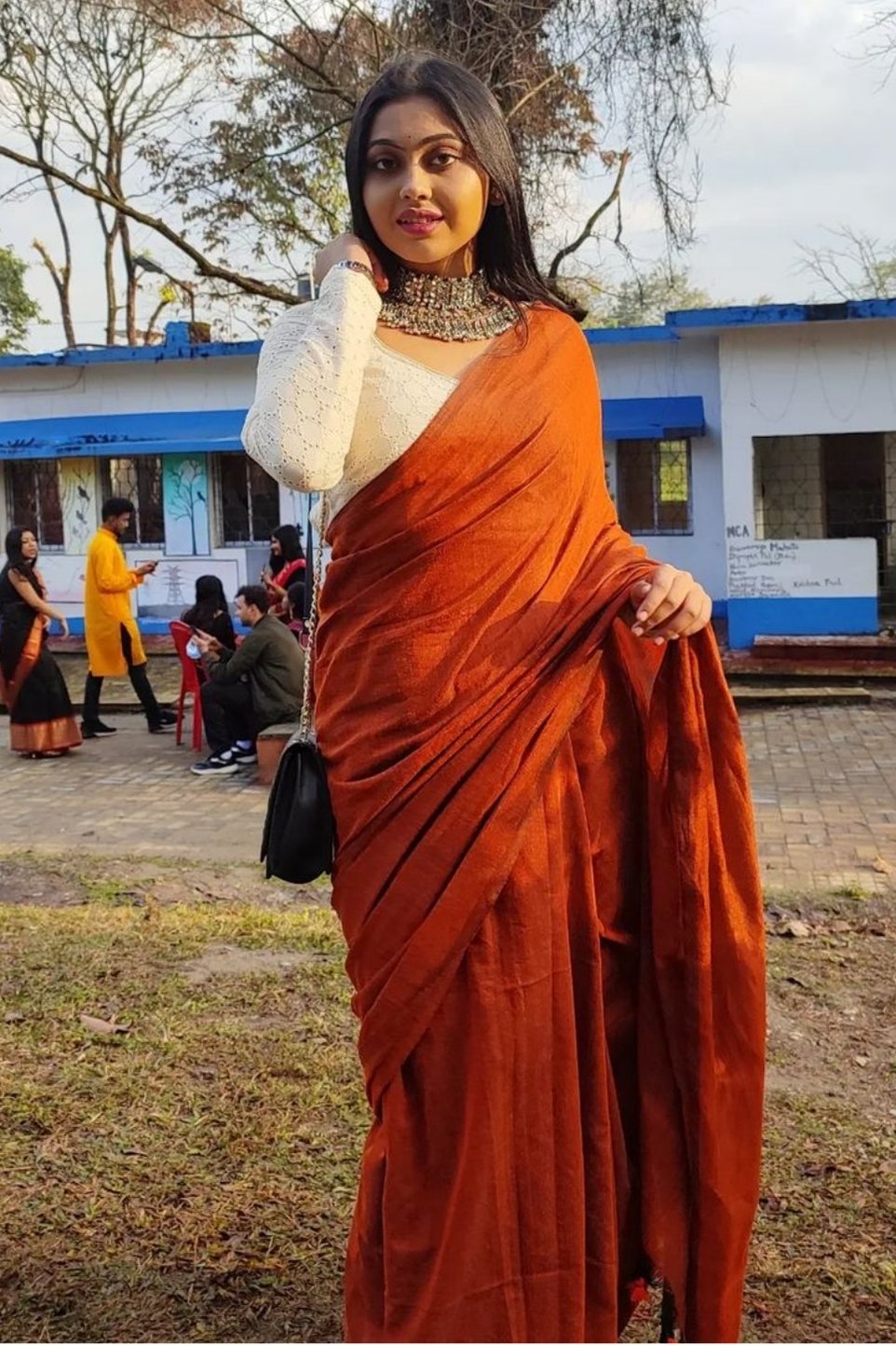 Tang Orange Cotton Plain Handloom Saree