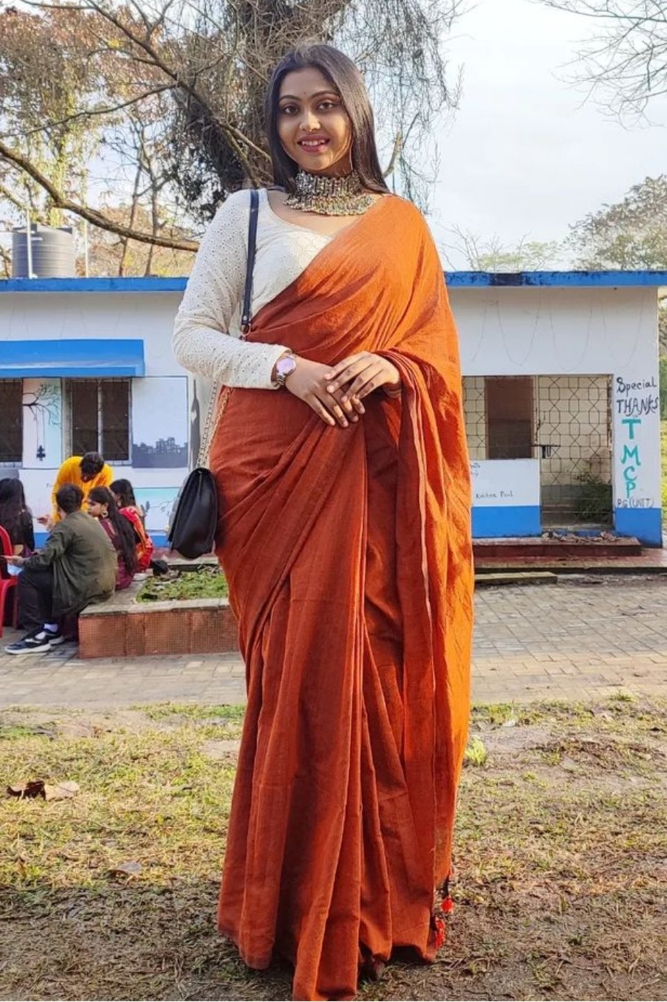 Tang Orange Cotton Plain Handloom Saree