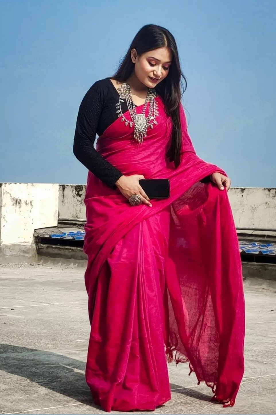 Rani Pink Cotton Plain Saree