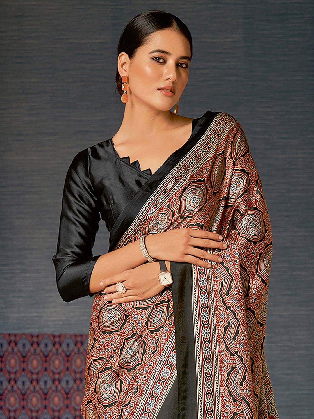 Chocolate Brown Digital Printed Ajrakh Satin Crepe Saree