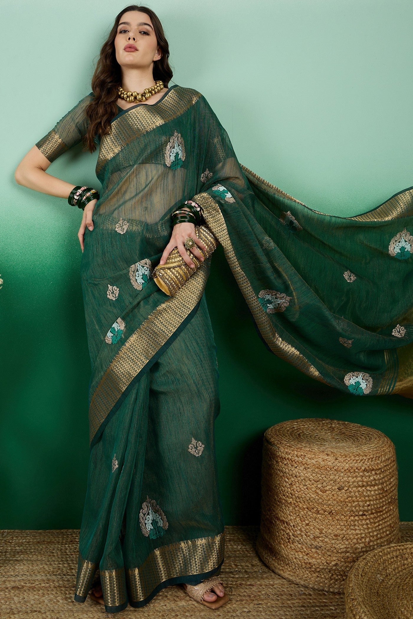 Everglade Green Khadi Organza Saree