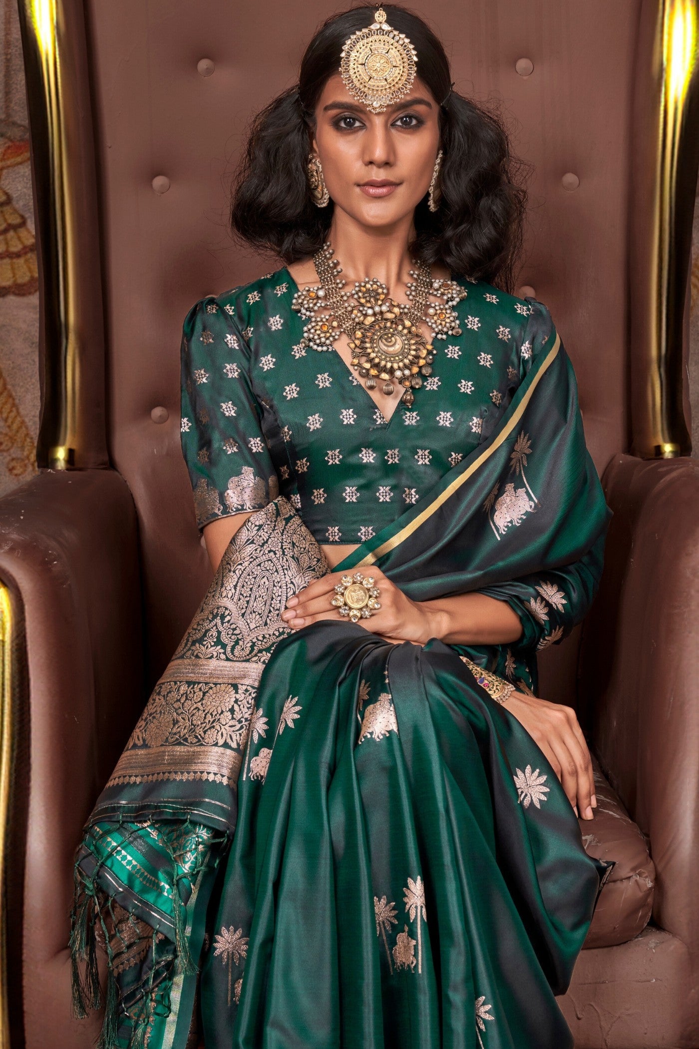 Hunter Green Banarasi Pichwai Satin Saree