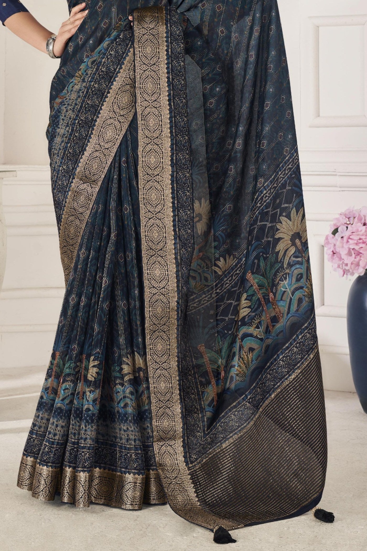 Ebony Clay Blue Banarasi Silk Saree