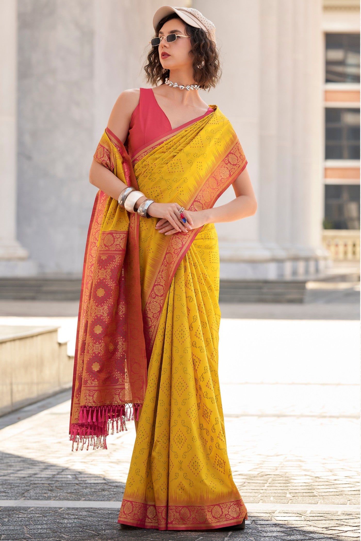 Fuel Yellow Woven Banarasi Bandhani Soft Silk Saree