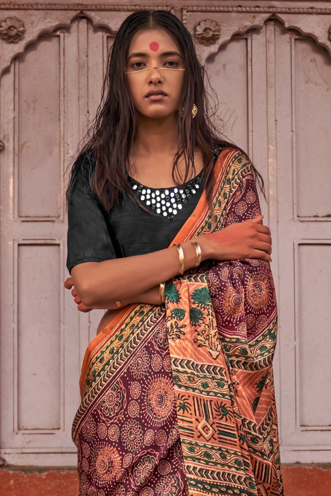 Coca Brown and Orange Ajrakh Handprinted Satin Saree