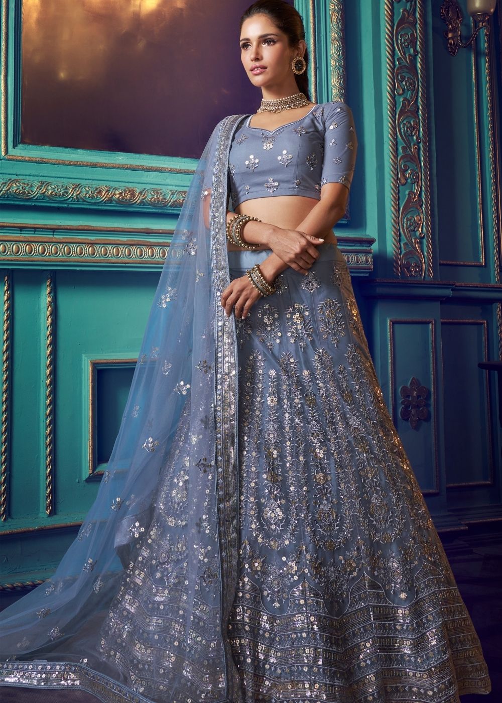 Shadow Blue Designer Soft Net Lehenga Choli