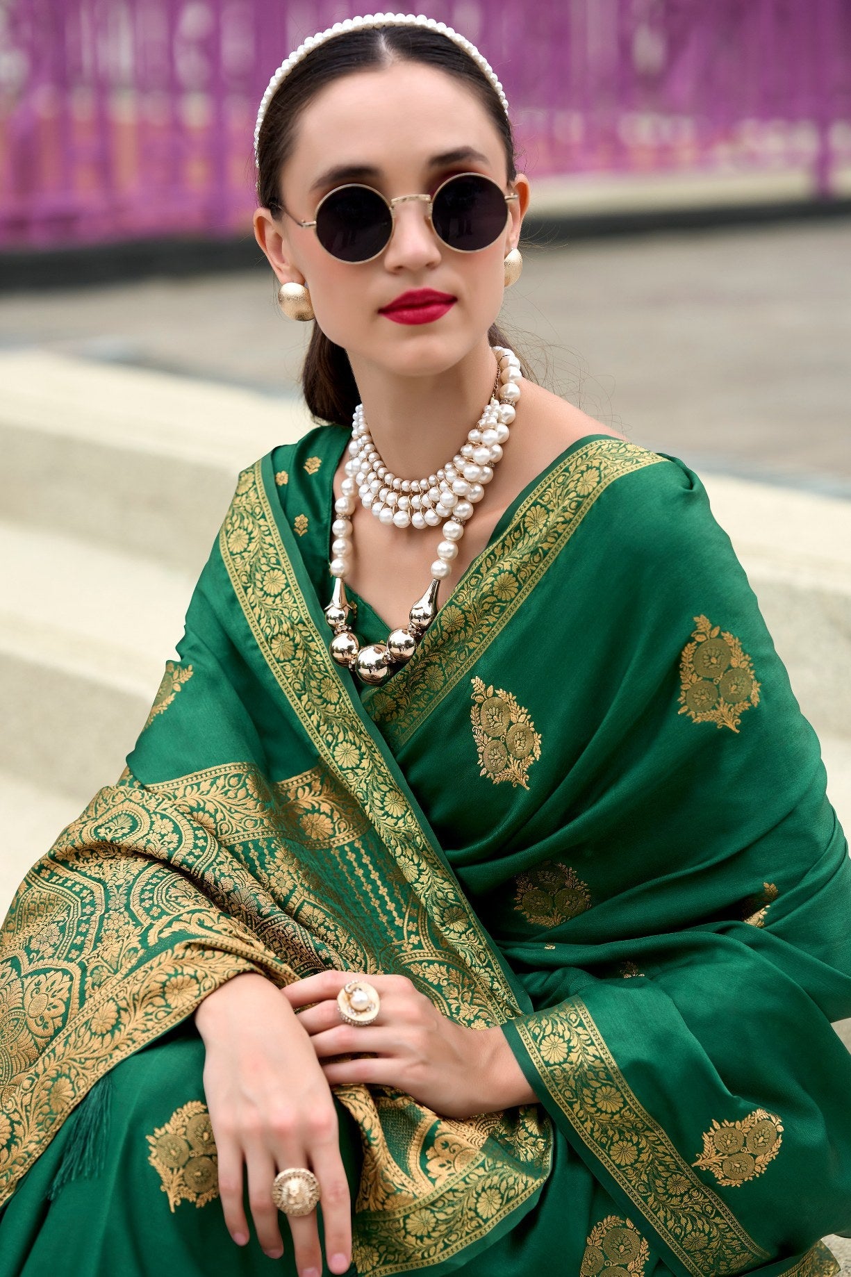 Genoa Green Banarasi Handloom Satin Saree