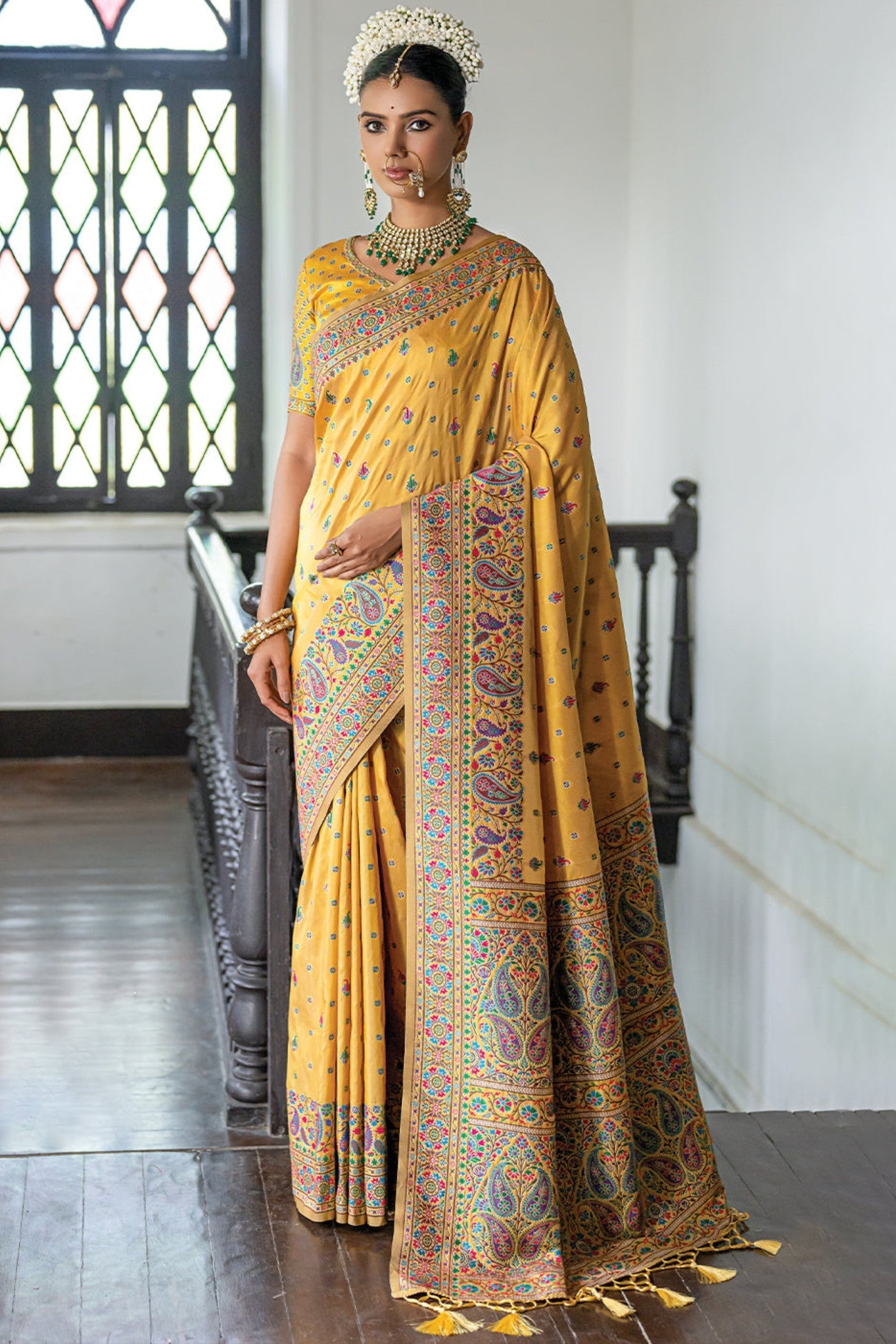 Zest Yellow Kashmiri Handloom Woven Silk Saree