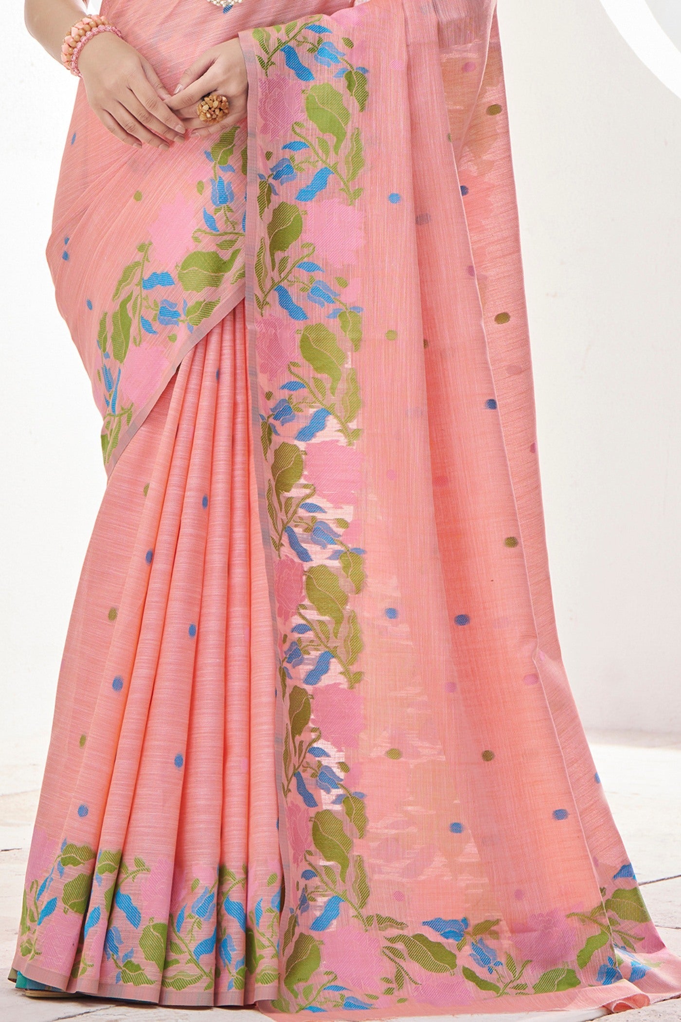 Copper Peach Printed Linen Saree