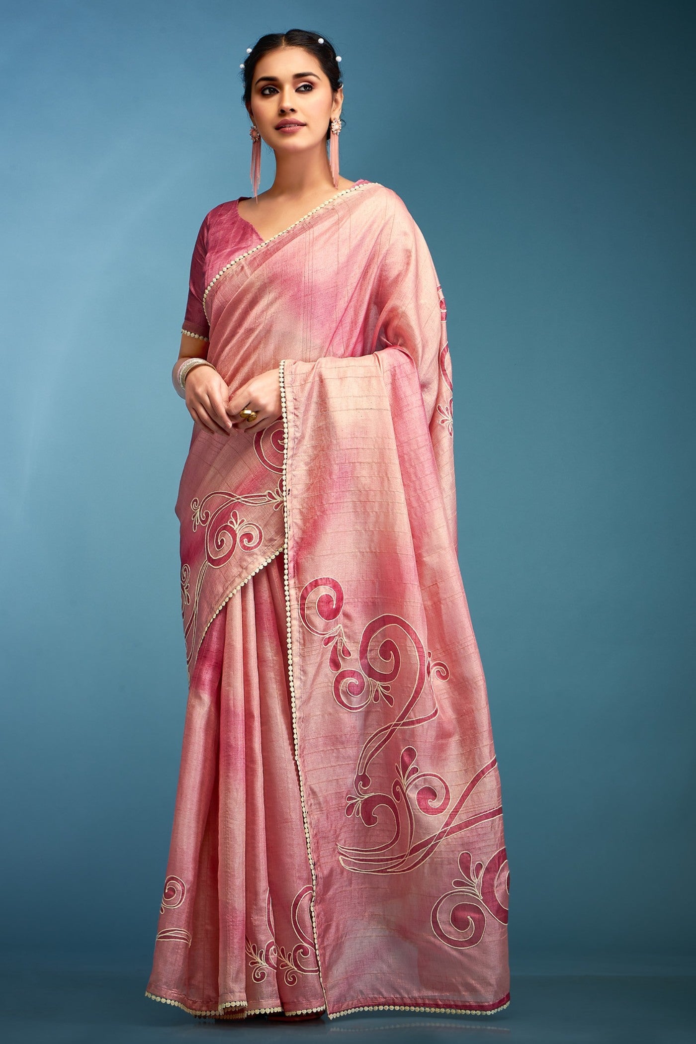 Peony Pink Designer Tussar Silk Saree