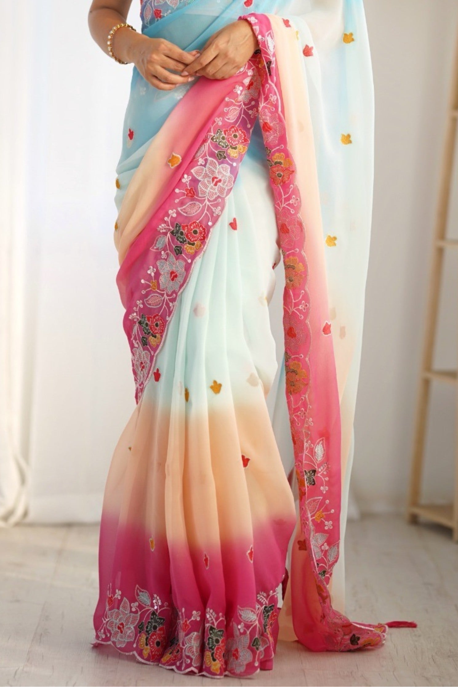 Smokey Blue and Pink Georgette Saree