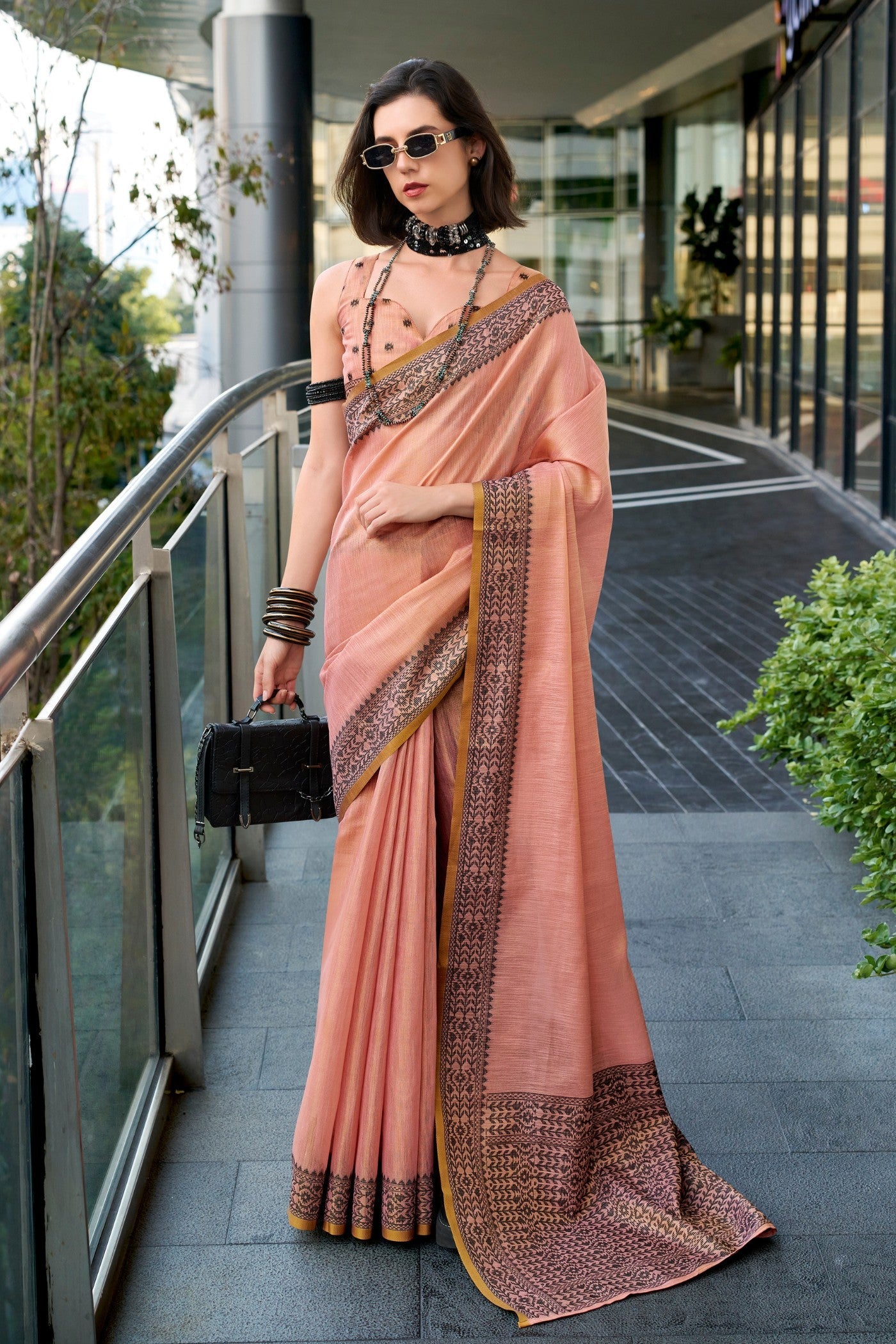 Malibu Peach Linen Tissue Silk Saree