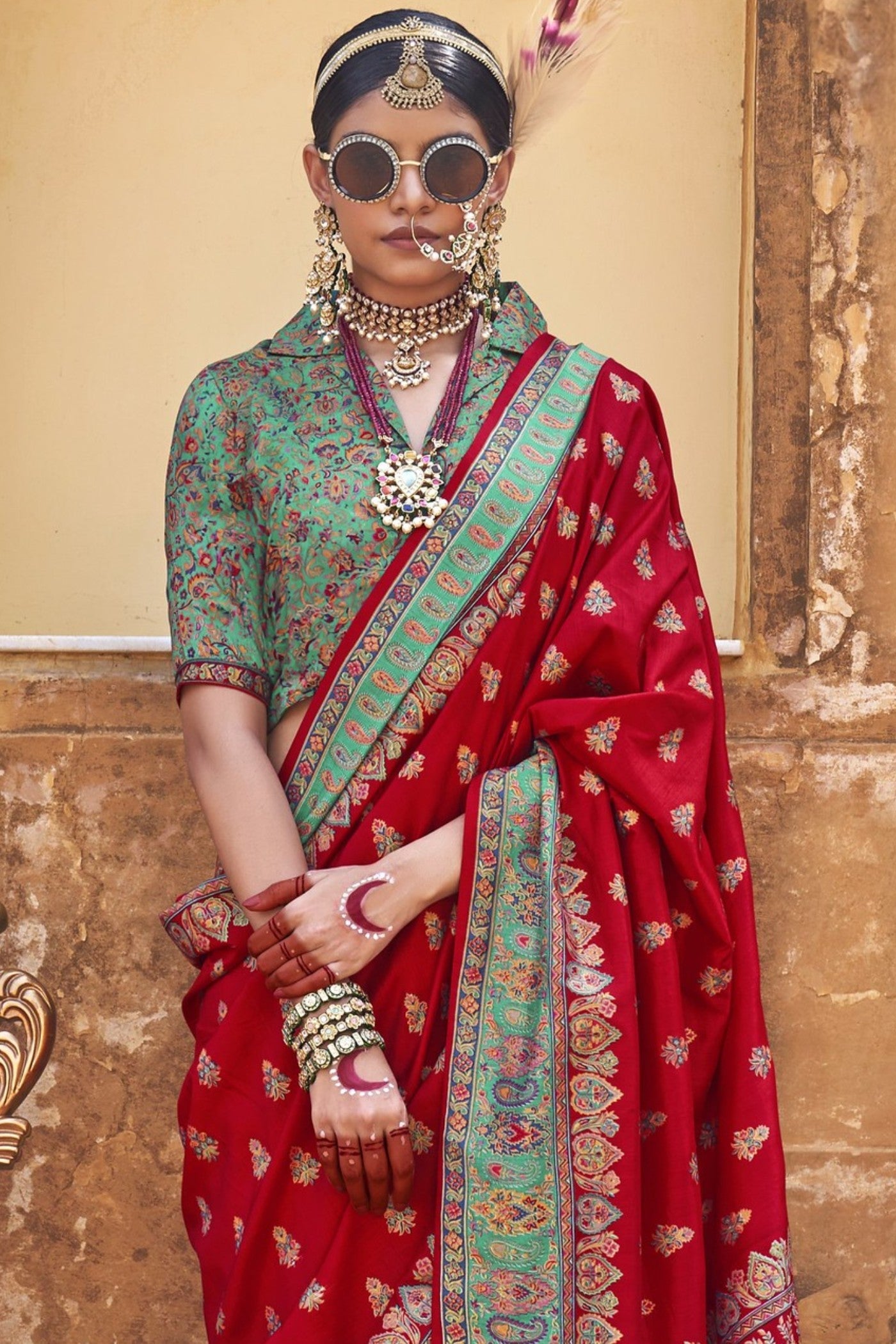 Poppies Red Banarasi Jamawar Saree