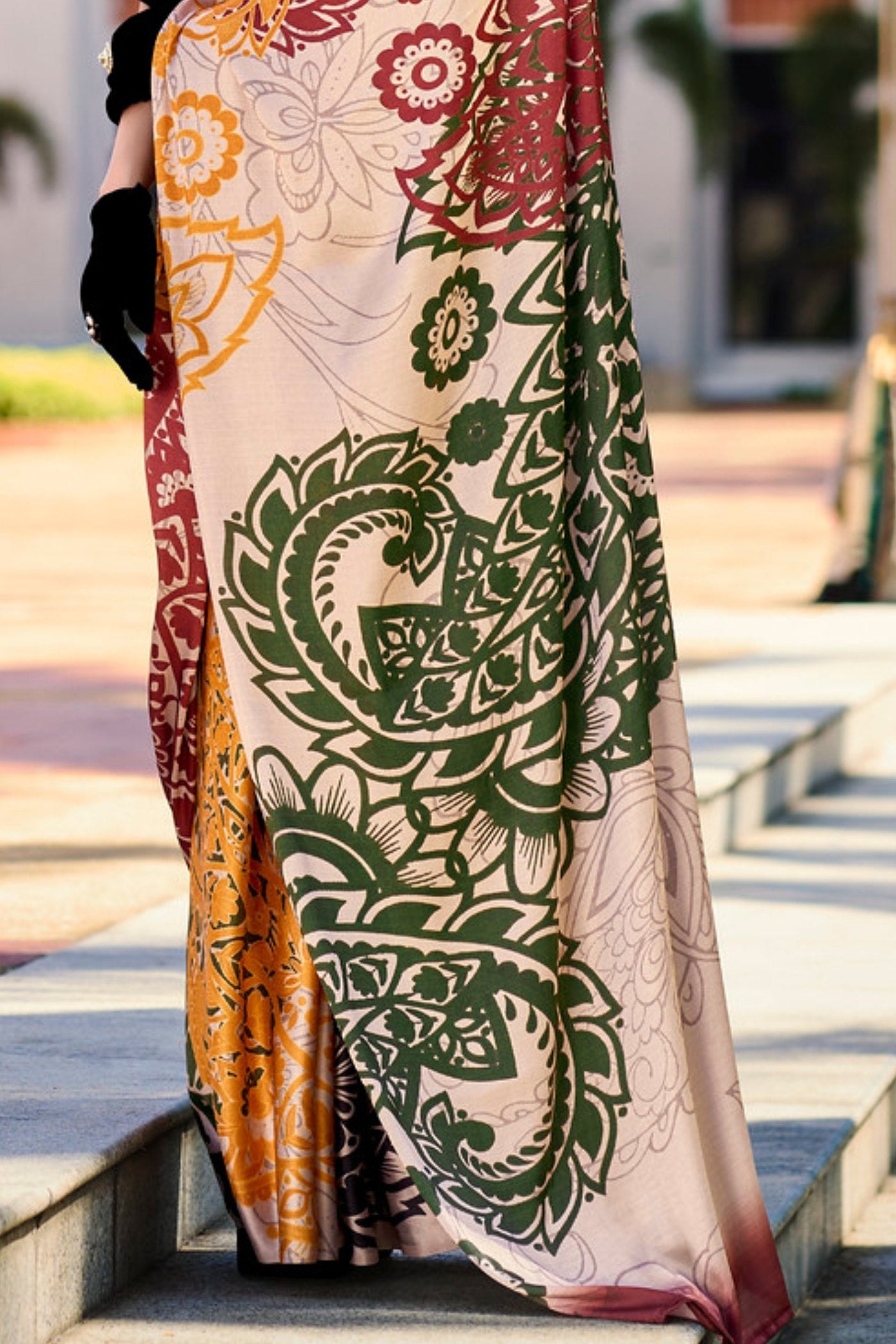 Multicolor Cream Printed Satin Crepe Silk Saree