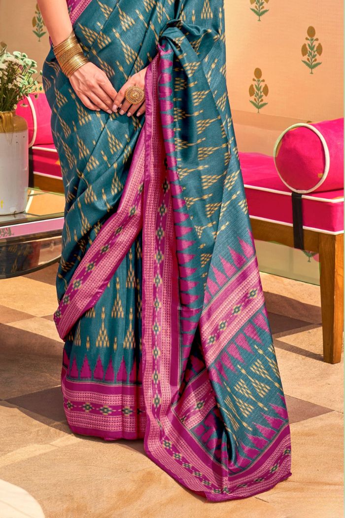 Water Blue Printed Banarasi Soft Silk Saree