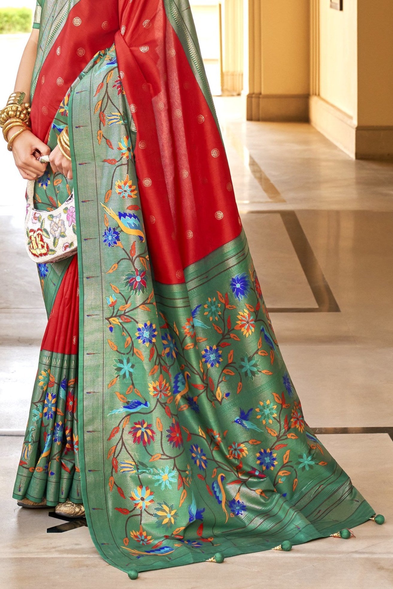 Red Chilli and Green Woven Paithani Designer Saree