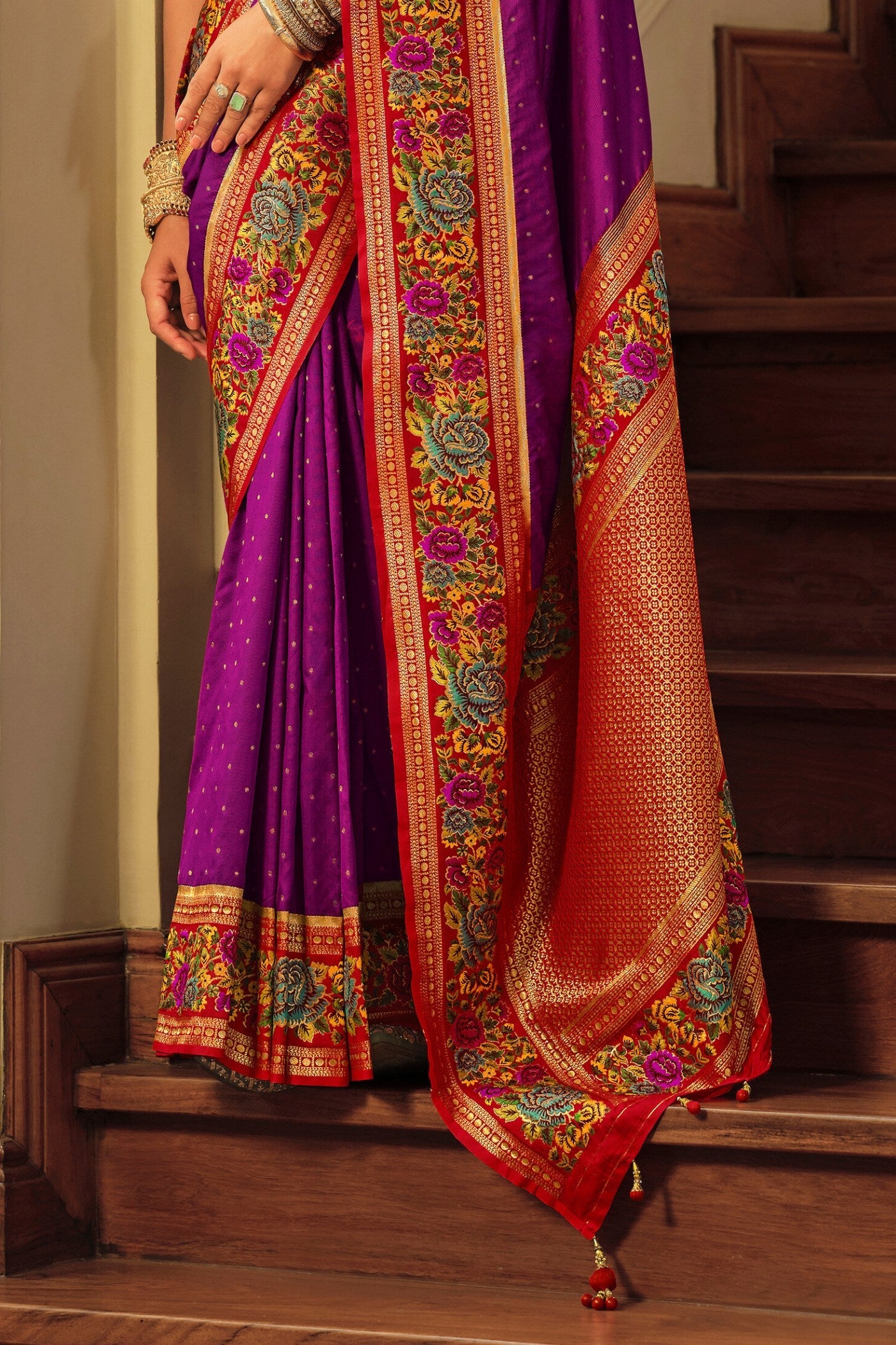 Rose Bud Cherry Purple Printed Banarasi Saree