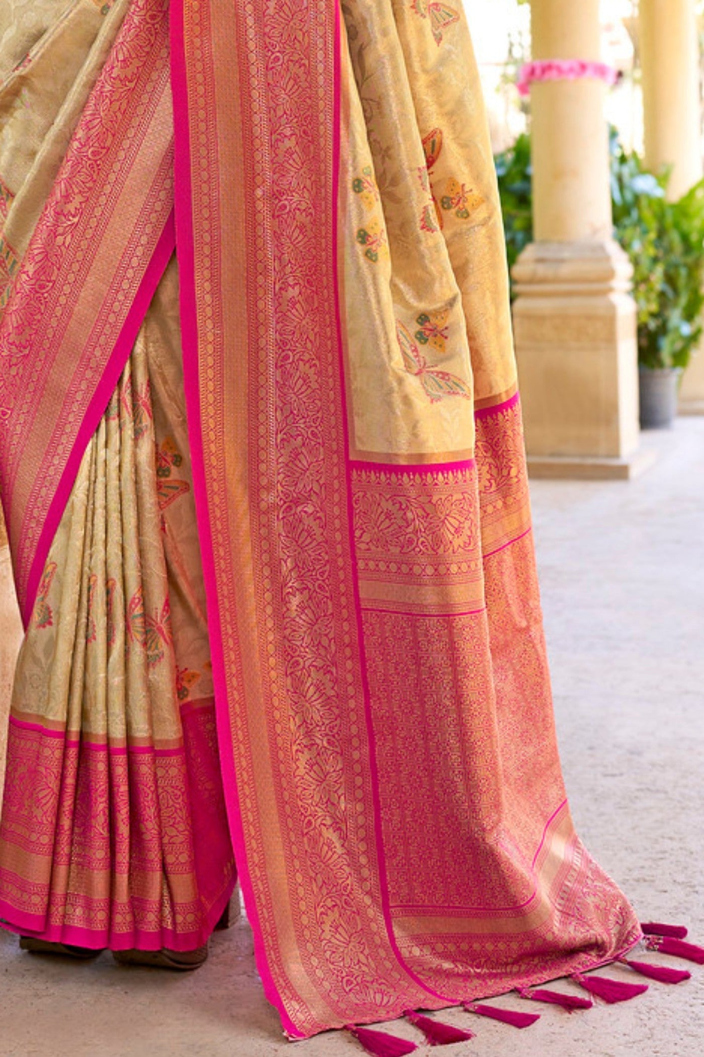 Maize Cream and Pink Woven Kanjivaram Saree