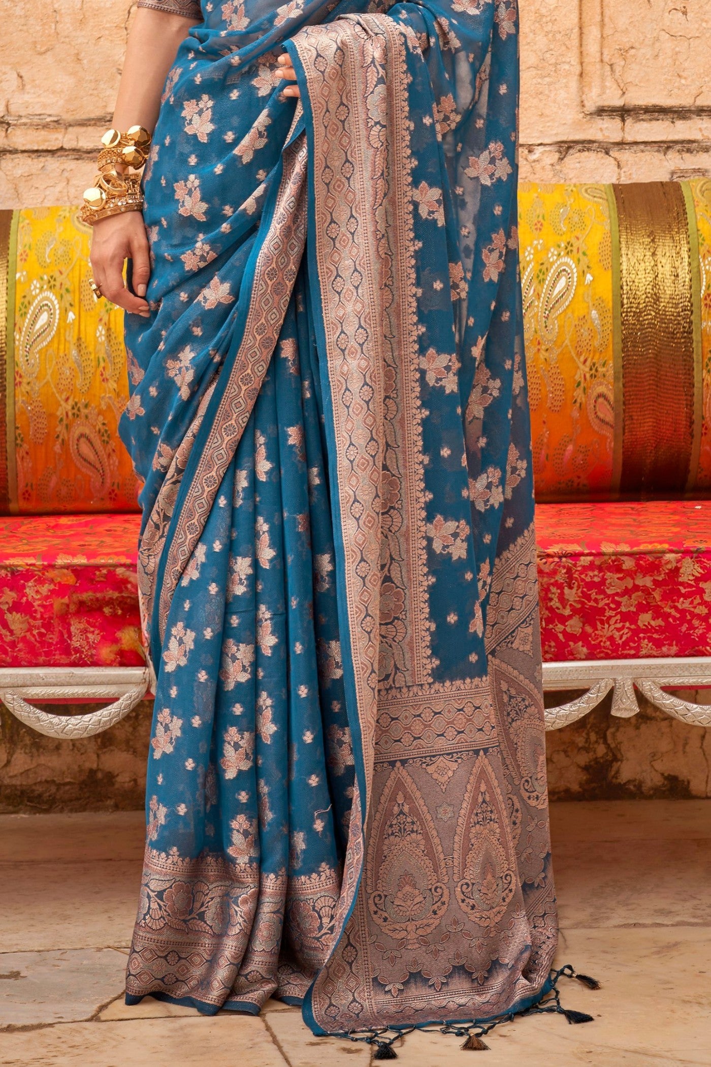 Olympic Blue Zari Woven Georgette Saree