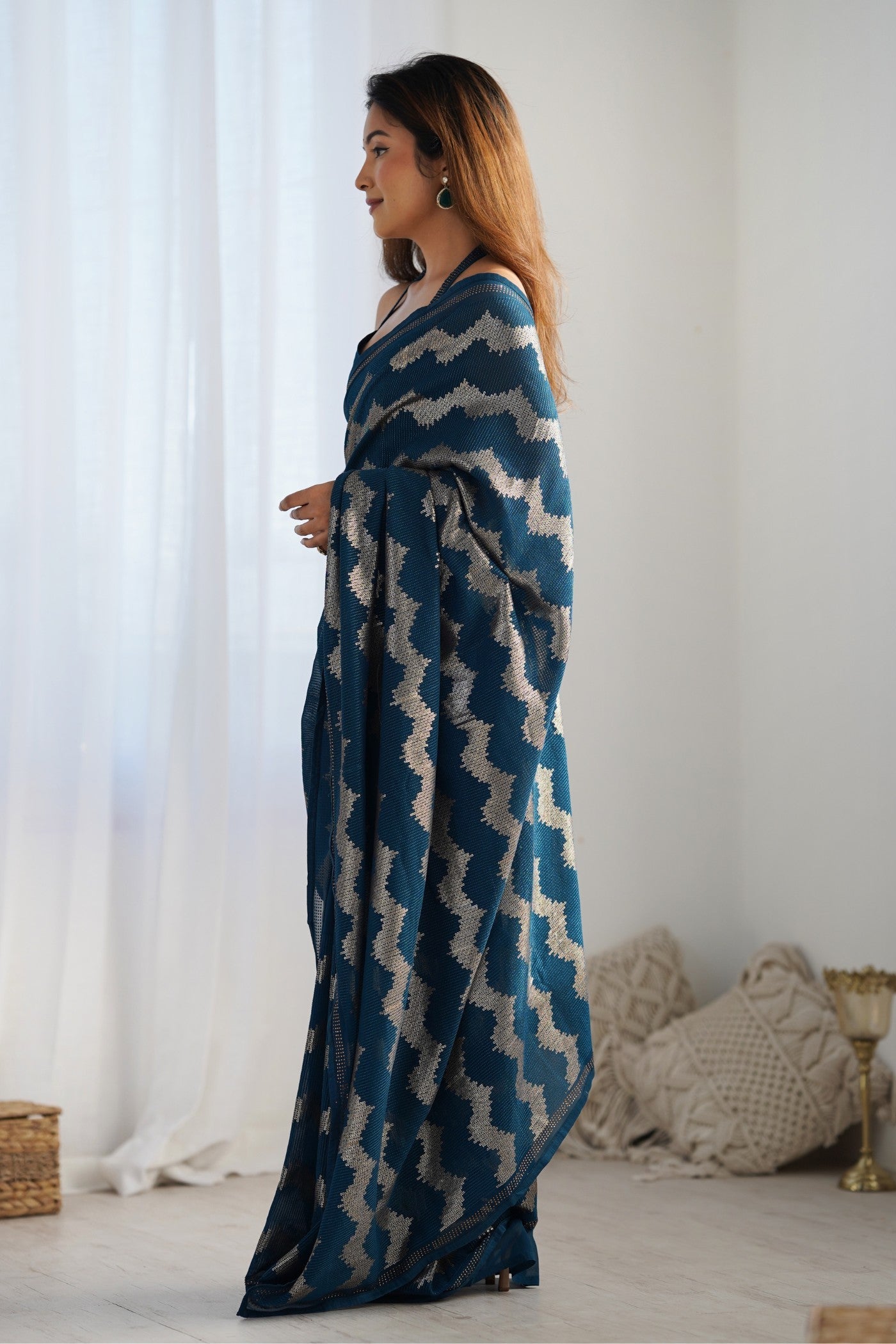 Indigo Blue Embroidered Partywear Saree