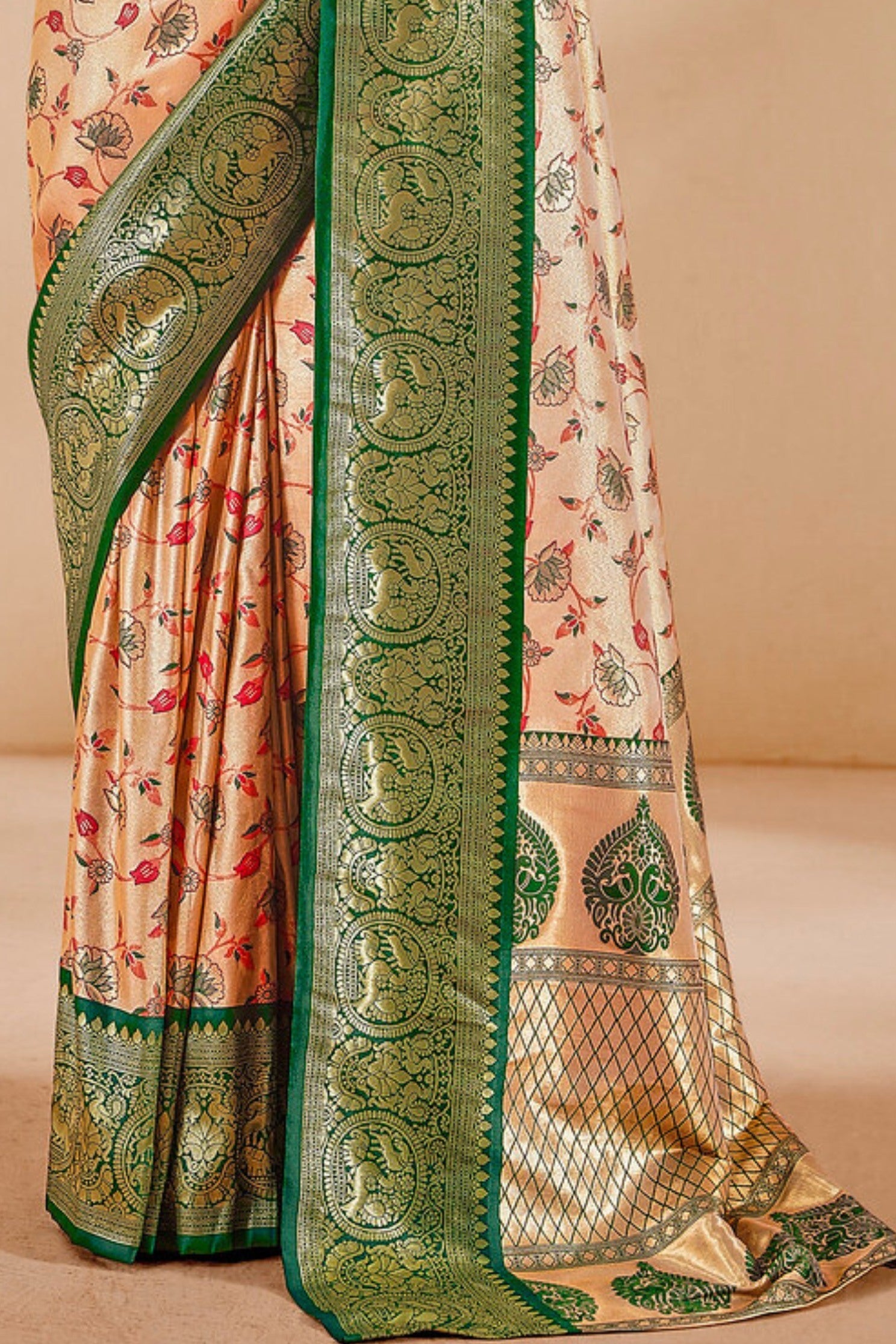 Twine Cream and Green Zari Woven Banarasi Saree