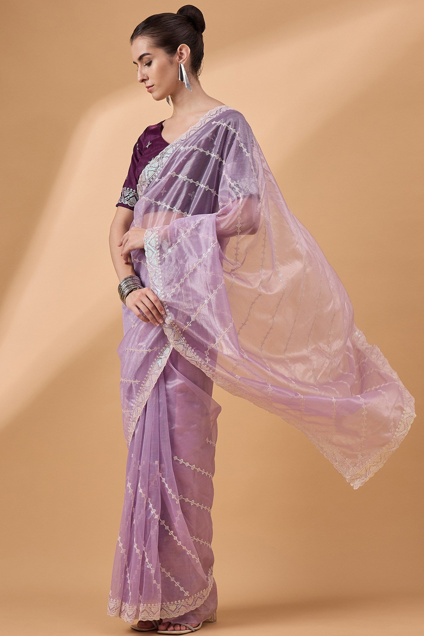 Mountbatten Purple Organza Partywear Saree