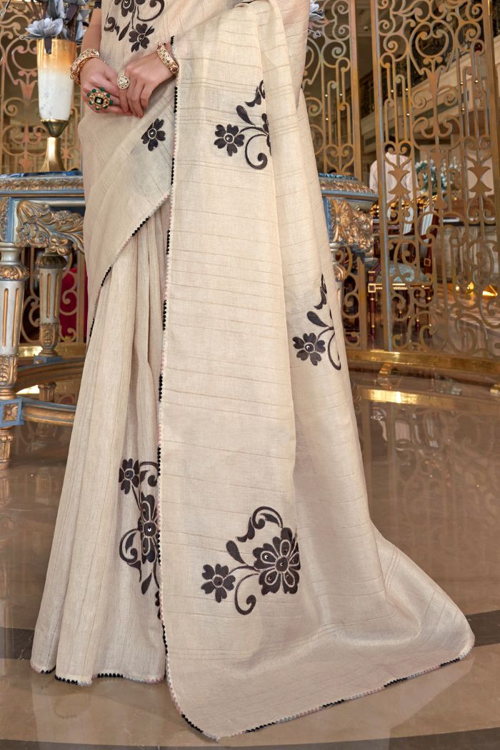 Stark White and Black Woven Tussar Floral Silk Saree