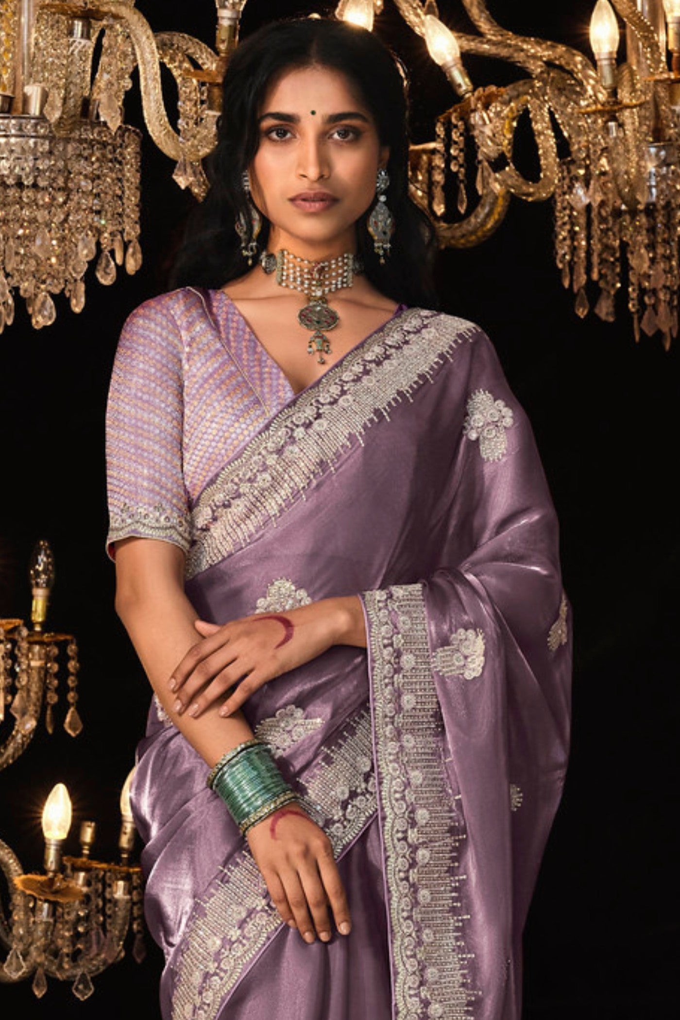 Old Rose Purple Tissue Embroidered Designer Saree