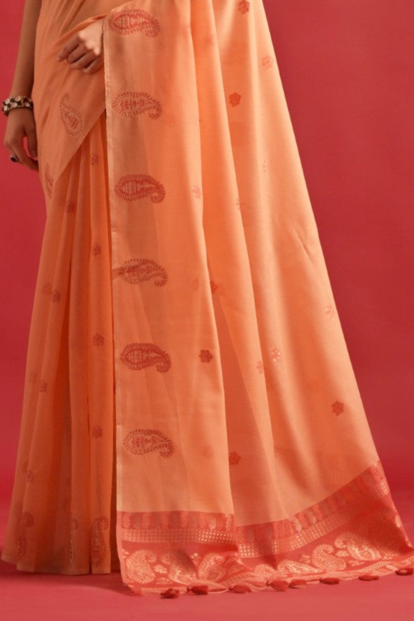 Blushing Peach Woven Mul Cotton Saree