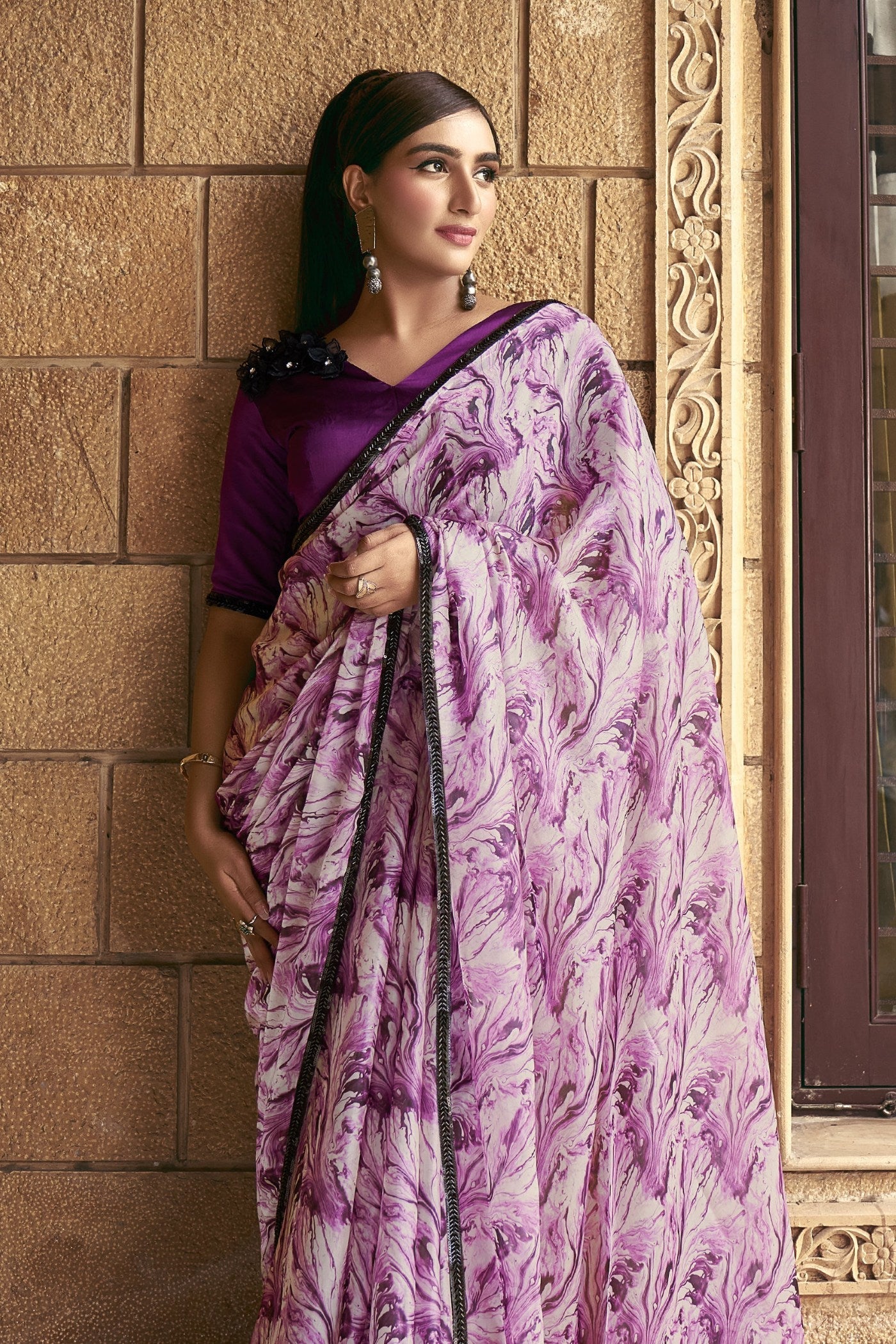 Sugar Plum Purple Satin Printed Silk Saree