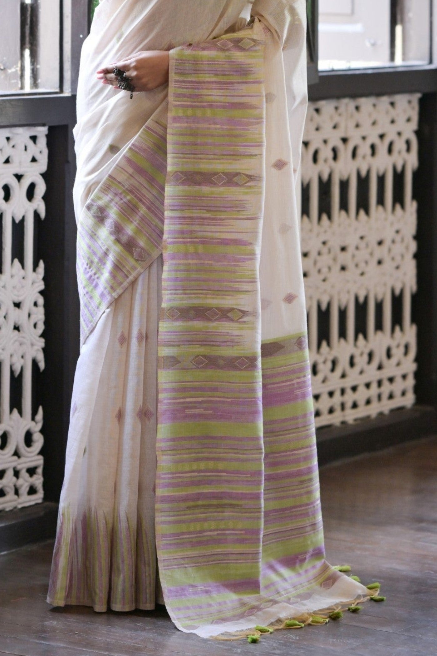 White Rose and Green Muga Cotton Saree