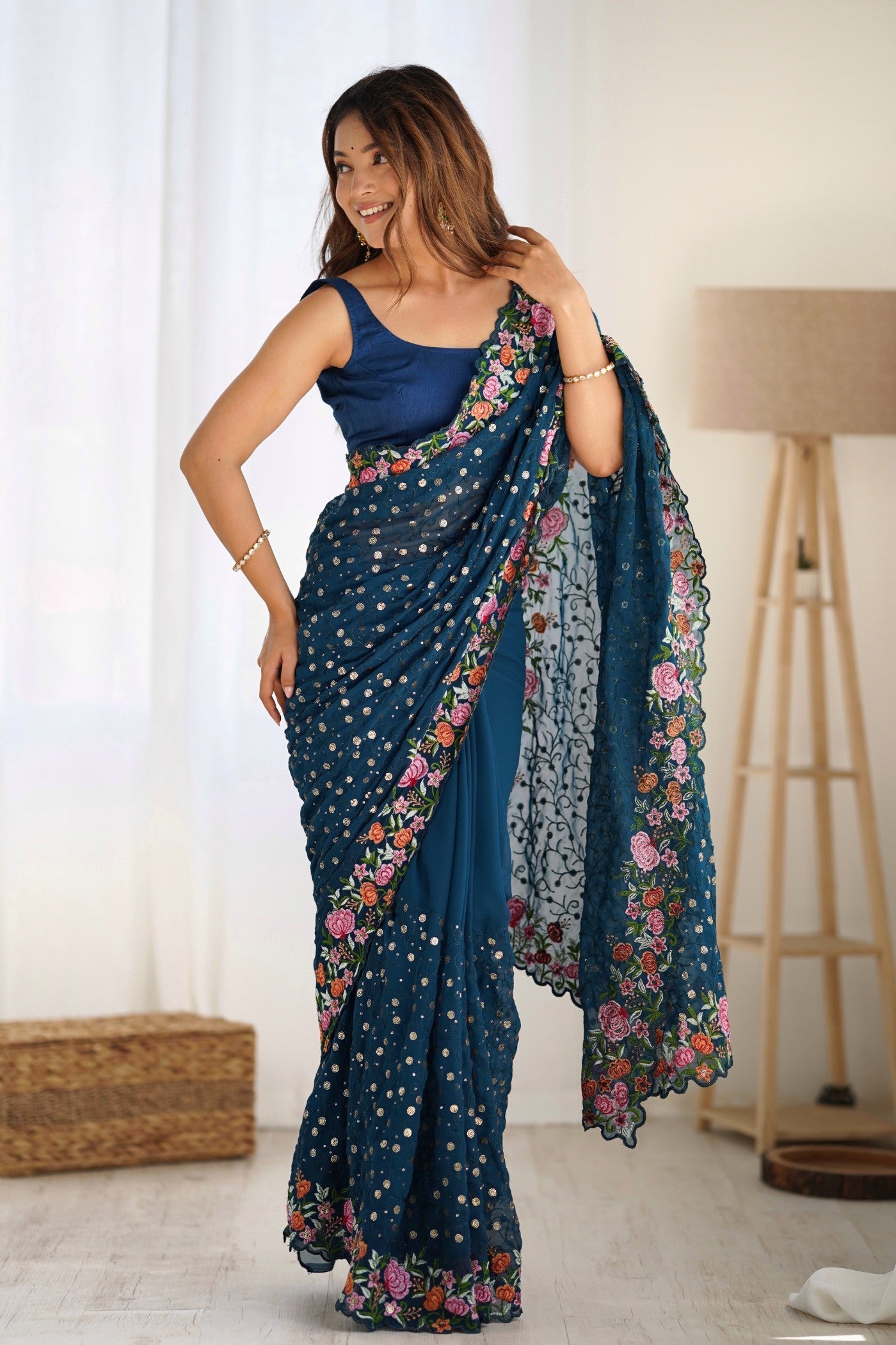 Blue Stone Embroidered Georgette Saree