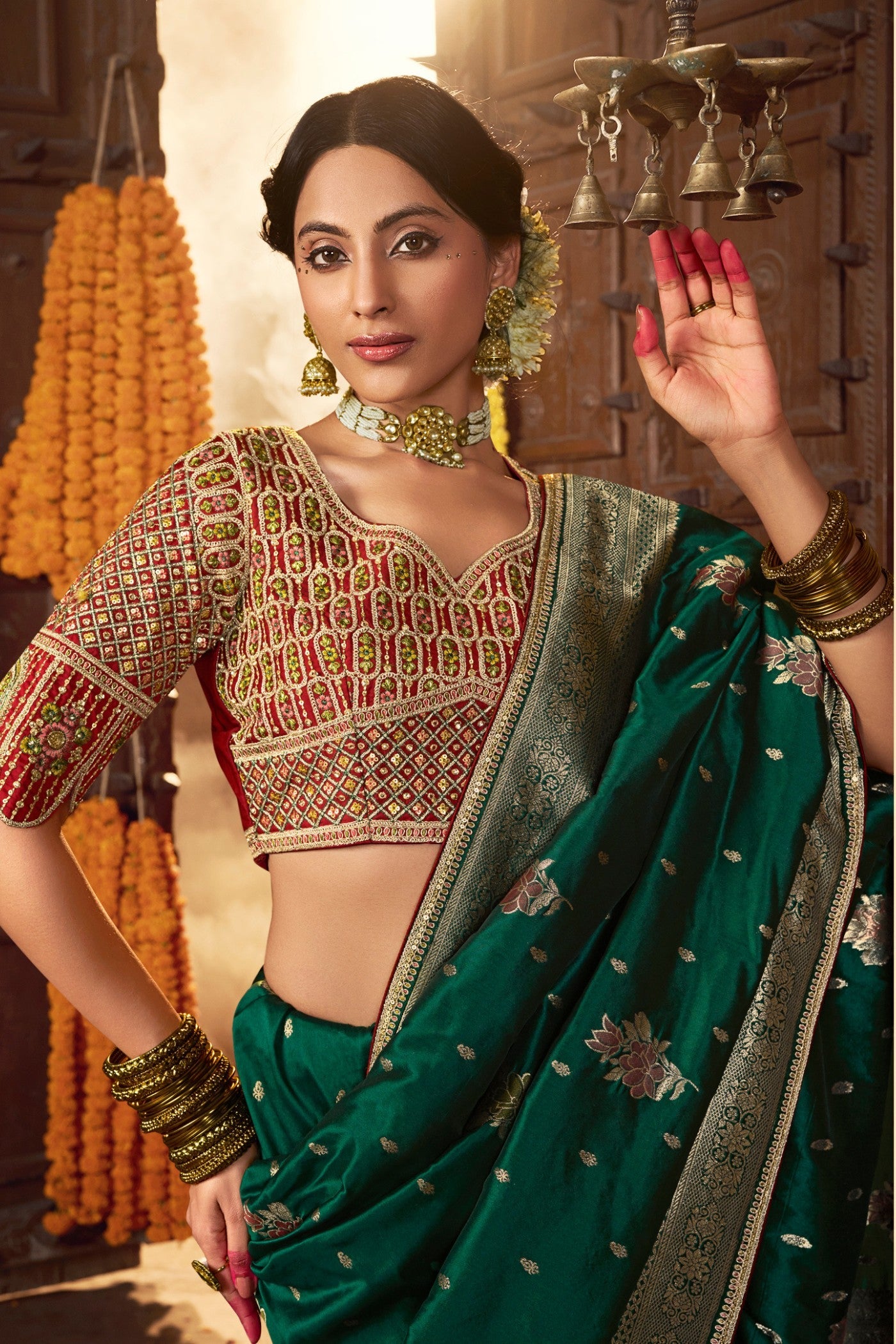 Bottle Green Designer Banarasi Saree