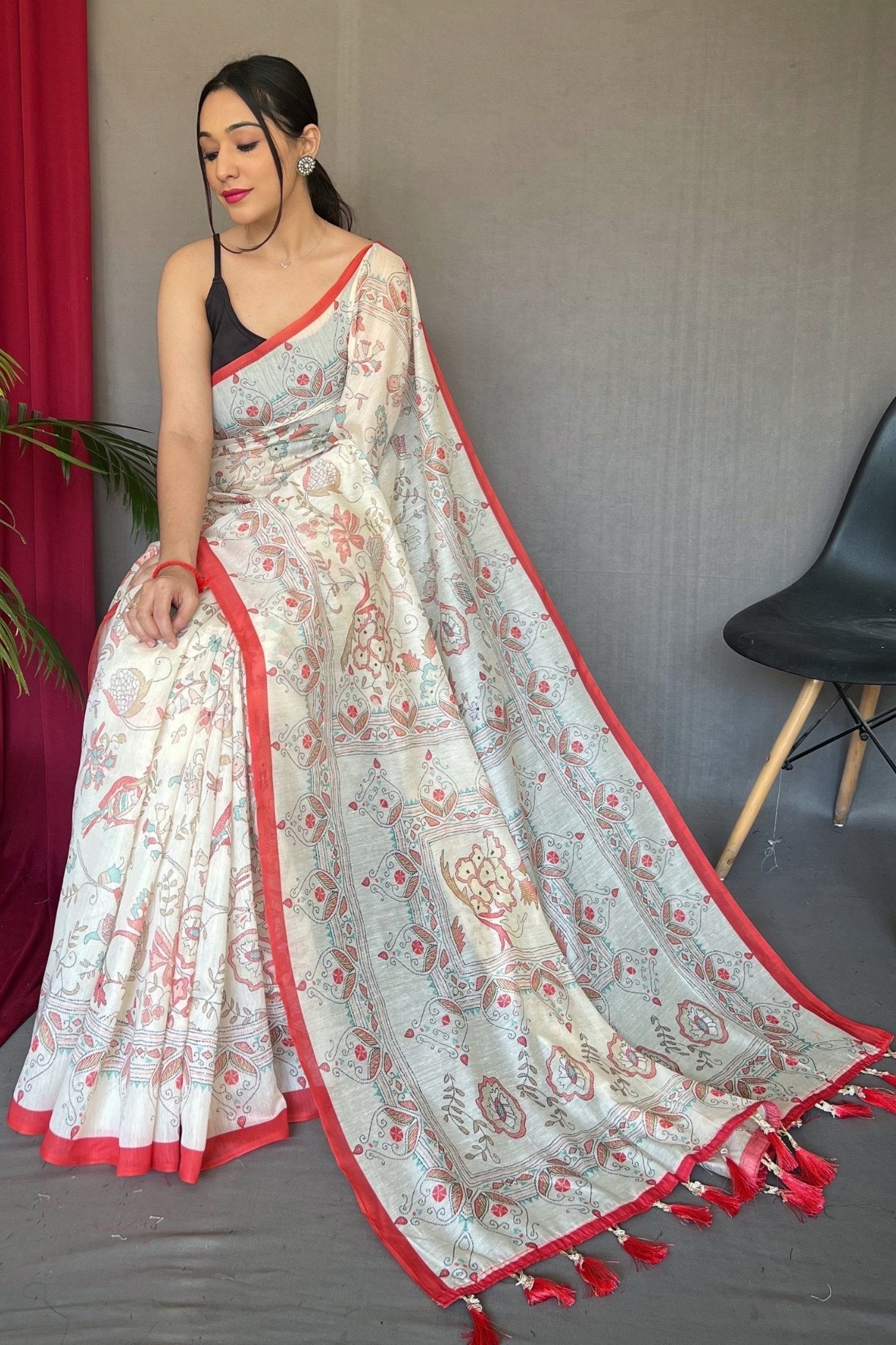 Rose Red and White Printed Cotton Saree