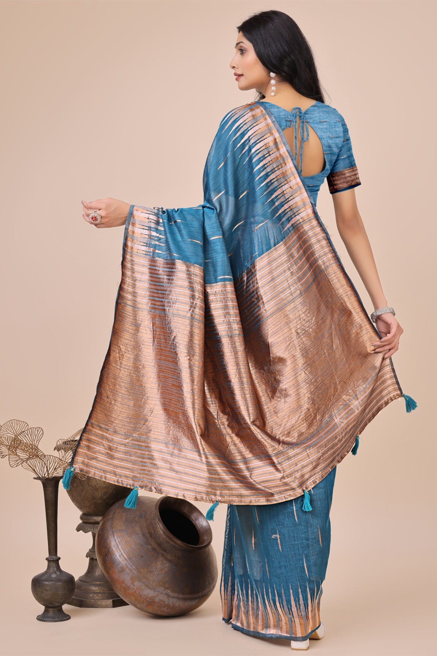 Cyan Blue Linen Cotton Saree