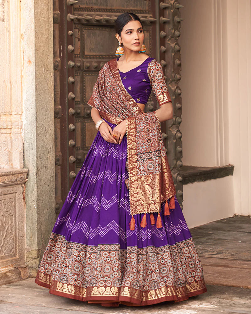 Purple Color Tussar Silk Lehenga Choli with Ajarakh Prints