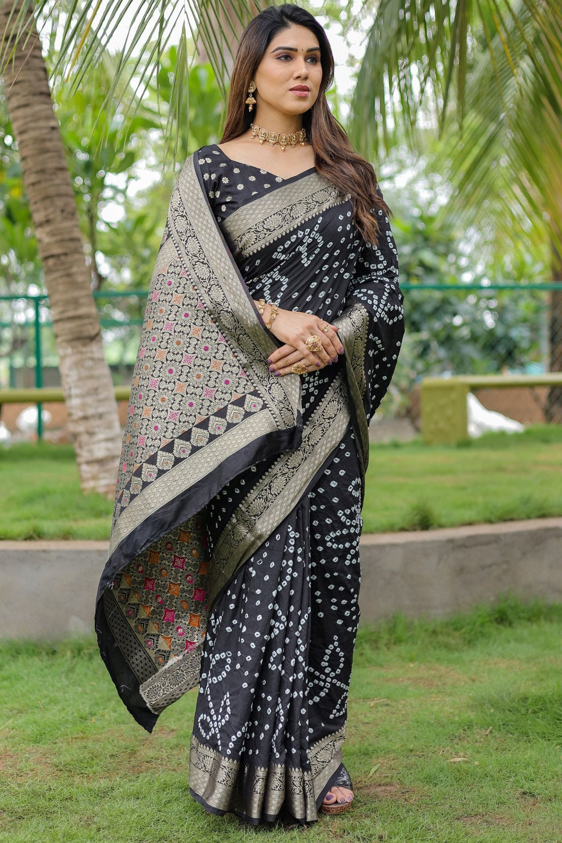 Tuna Black Woven Bandhani Dola Silk Saree