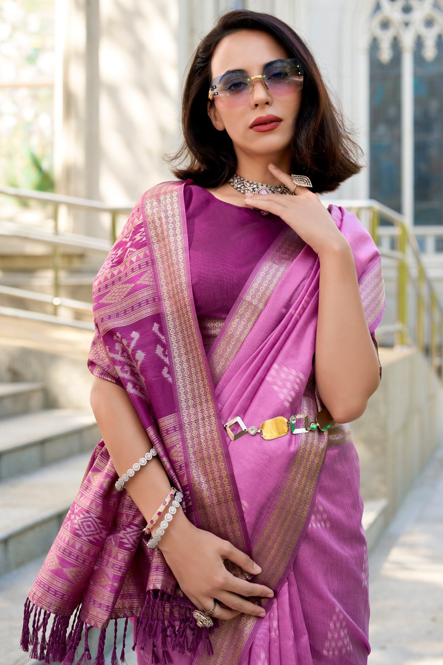 Mega Pink Ikkat Woven Banarasi Saree