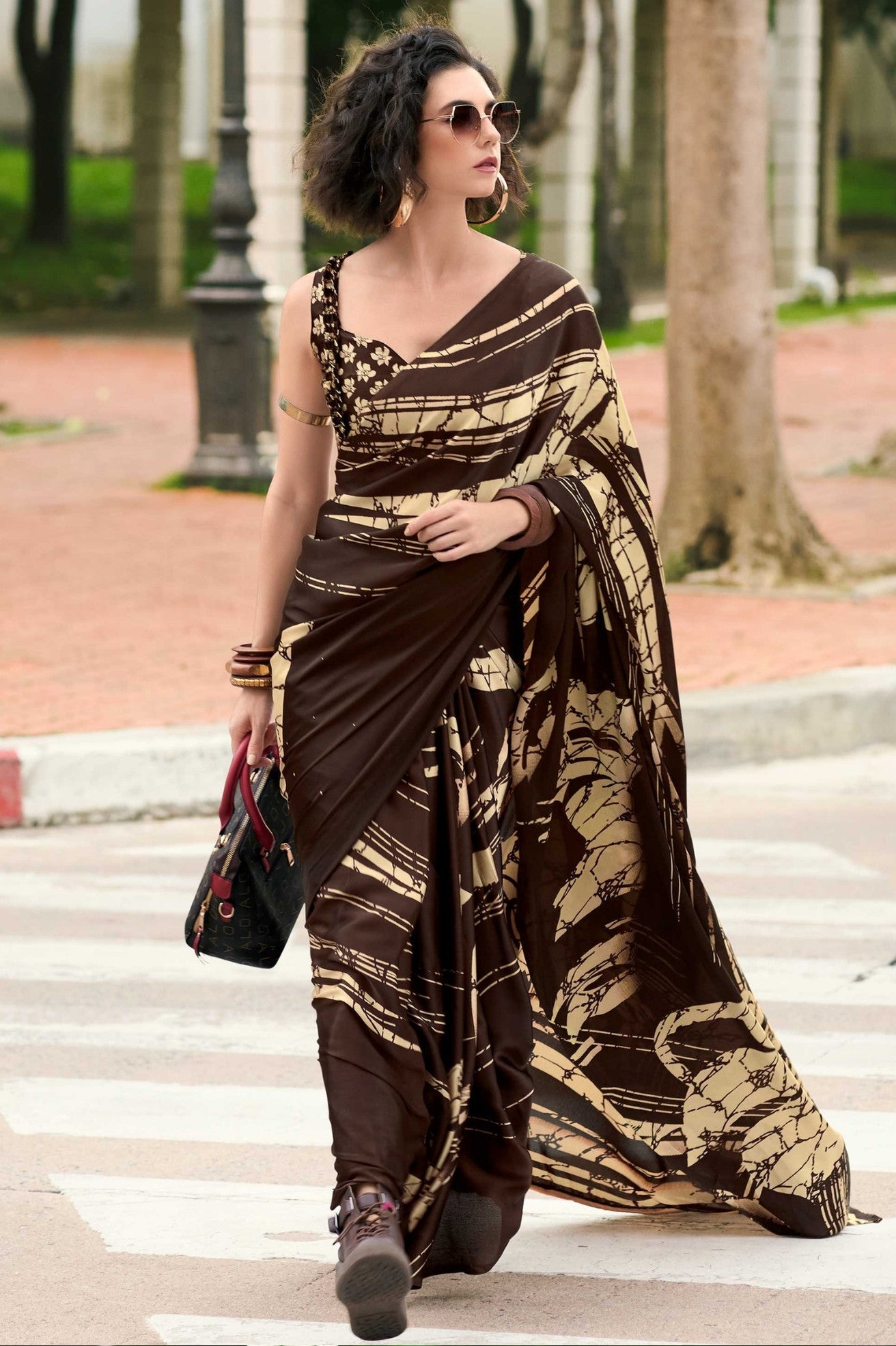 Cold Coffe Brown Printed Satin Crepe Saree