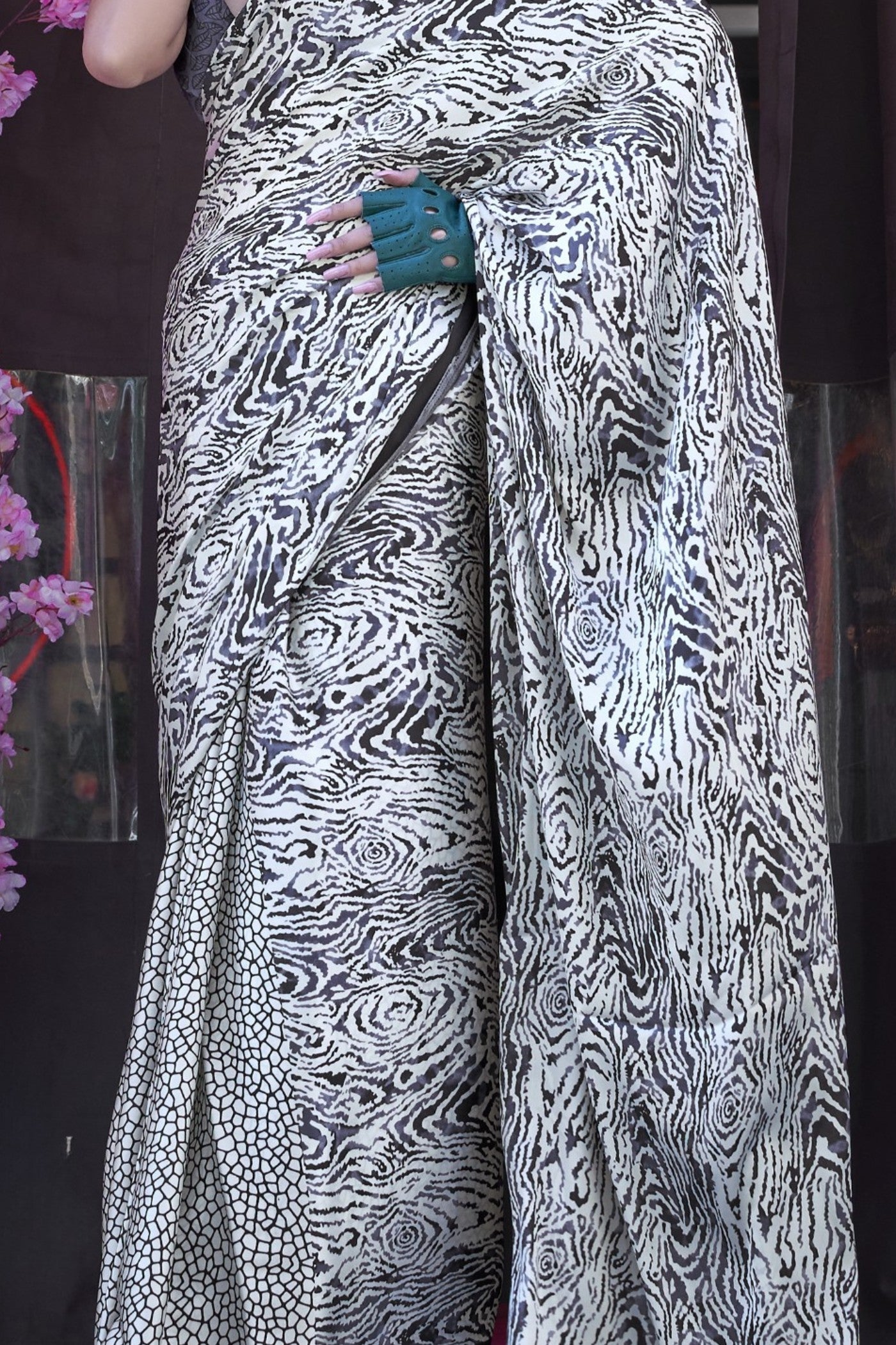 Zebra Gery Printed Satin Crepe Silk Saree