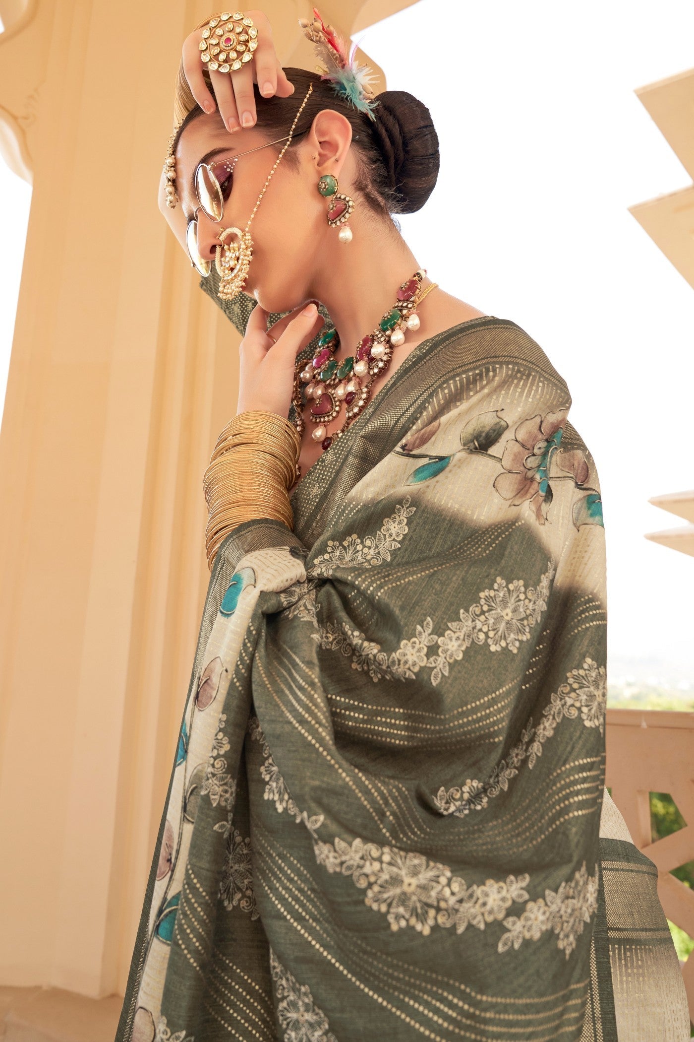 Hemlock Green Floral Printed Banarasi Saree