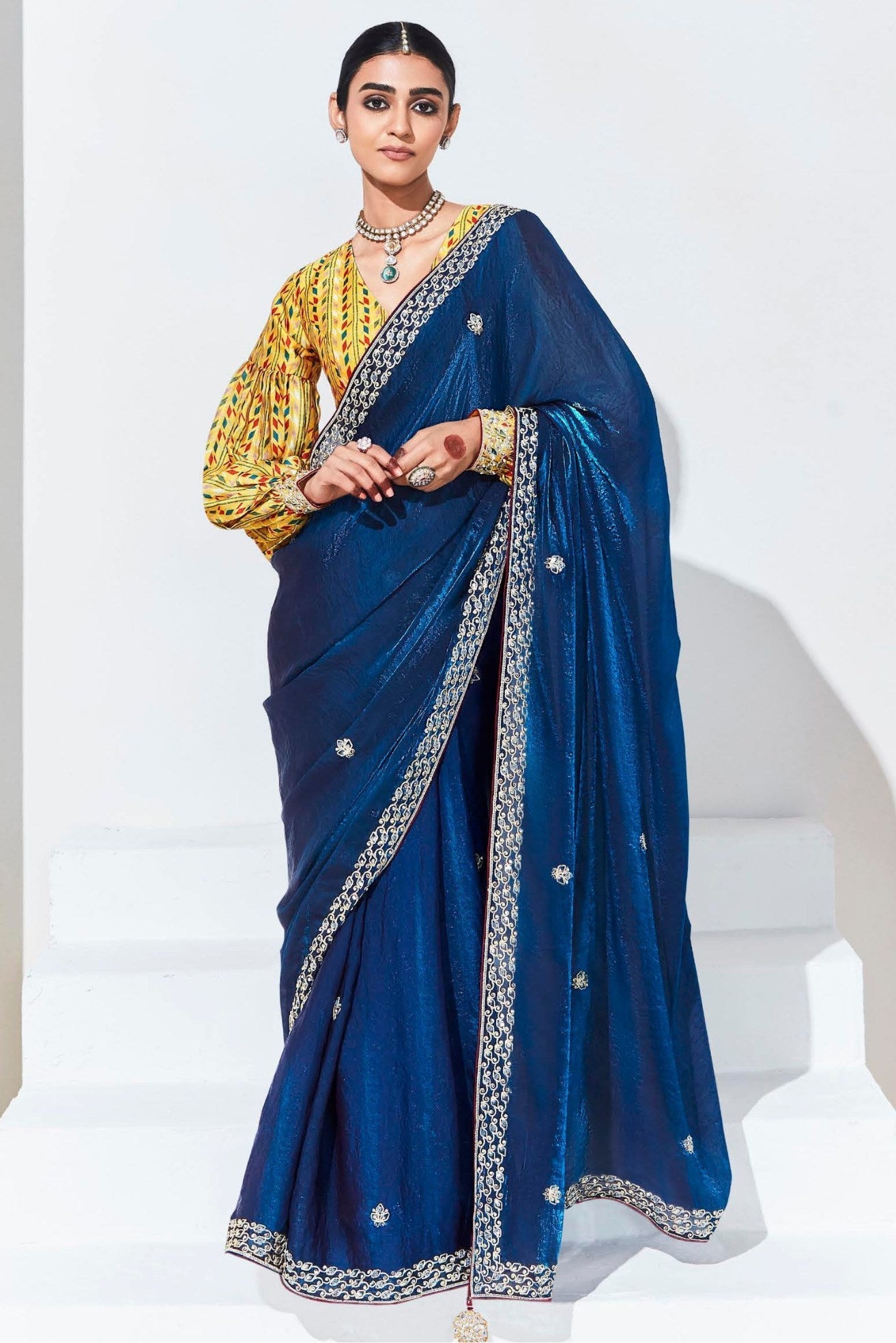 Blue Zodiac Tissue Organza Designer Partywear Saree