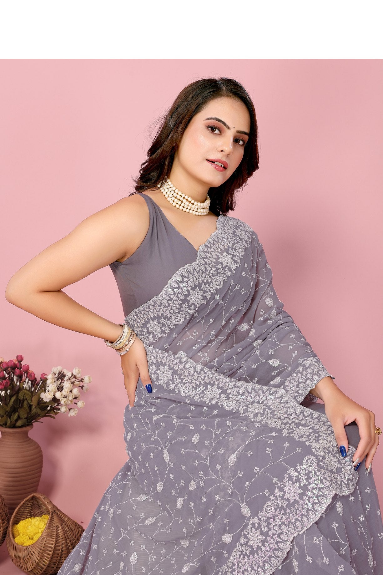 Mountain Mist Grey Georgette Embroidered Silk Saree