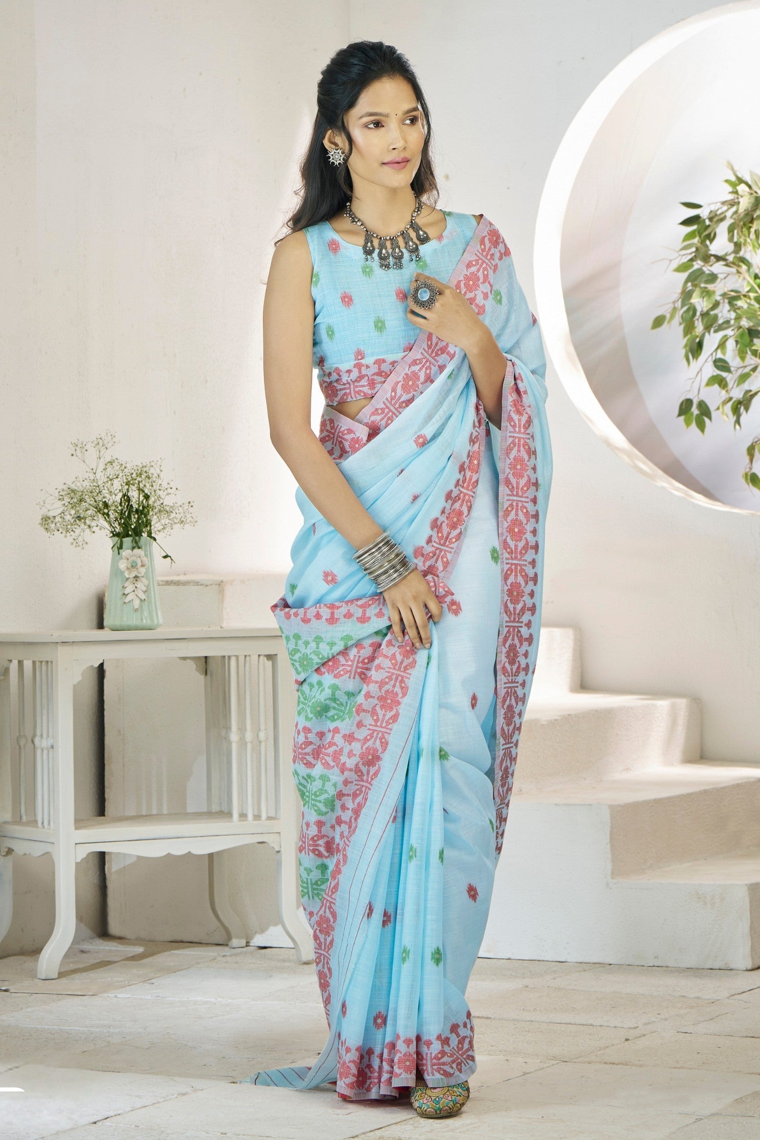 Nepal Blue Woven Linen Saree