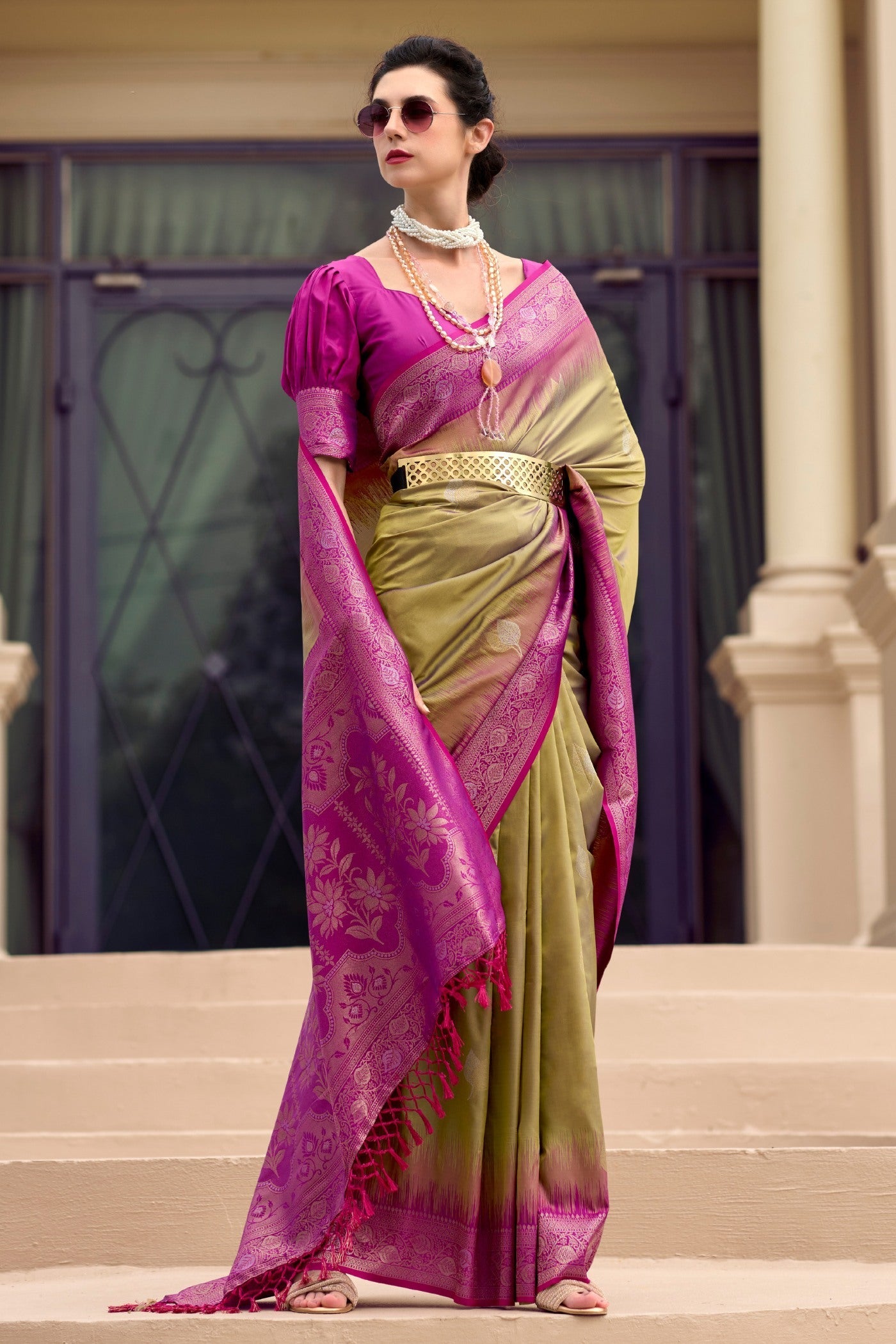 Metallic Green Woven Banarasi Soft Silk Saree