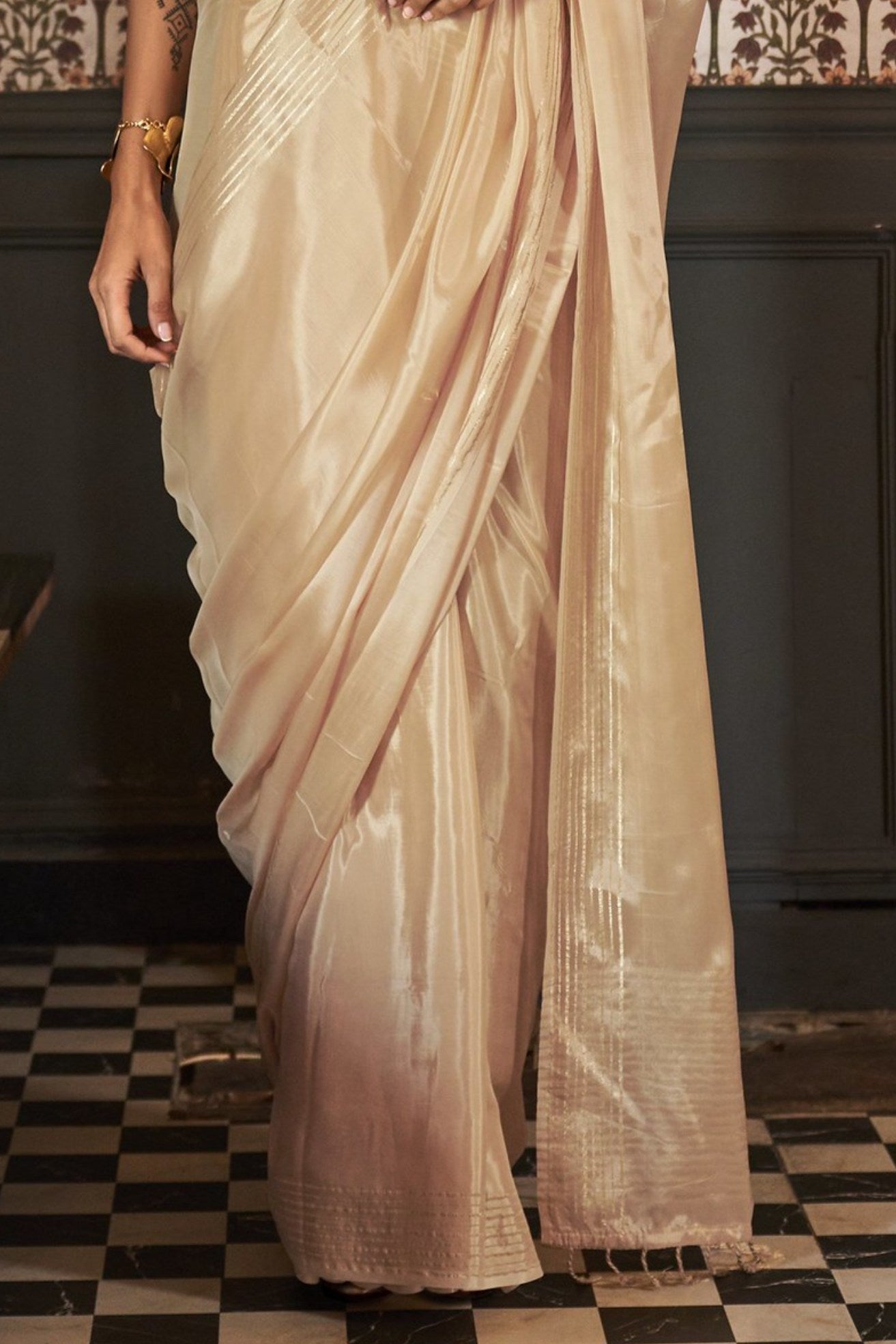 Brandy Cream Viscose Satin Handloom Saree