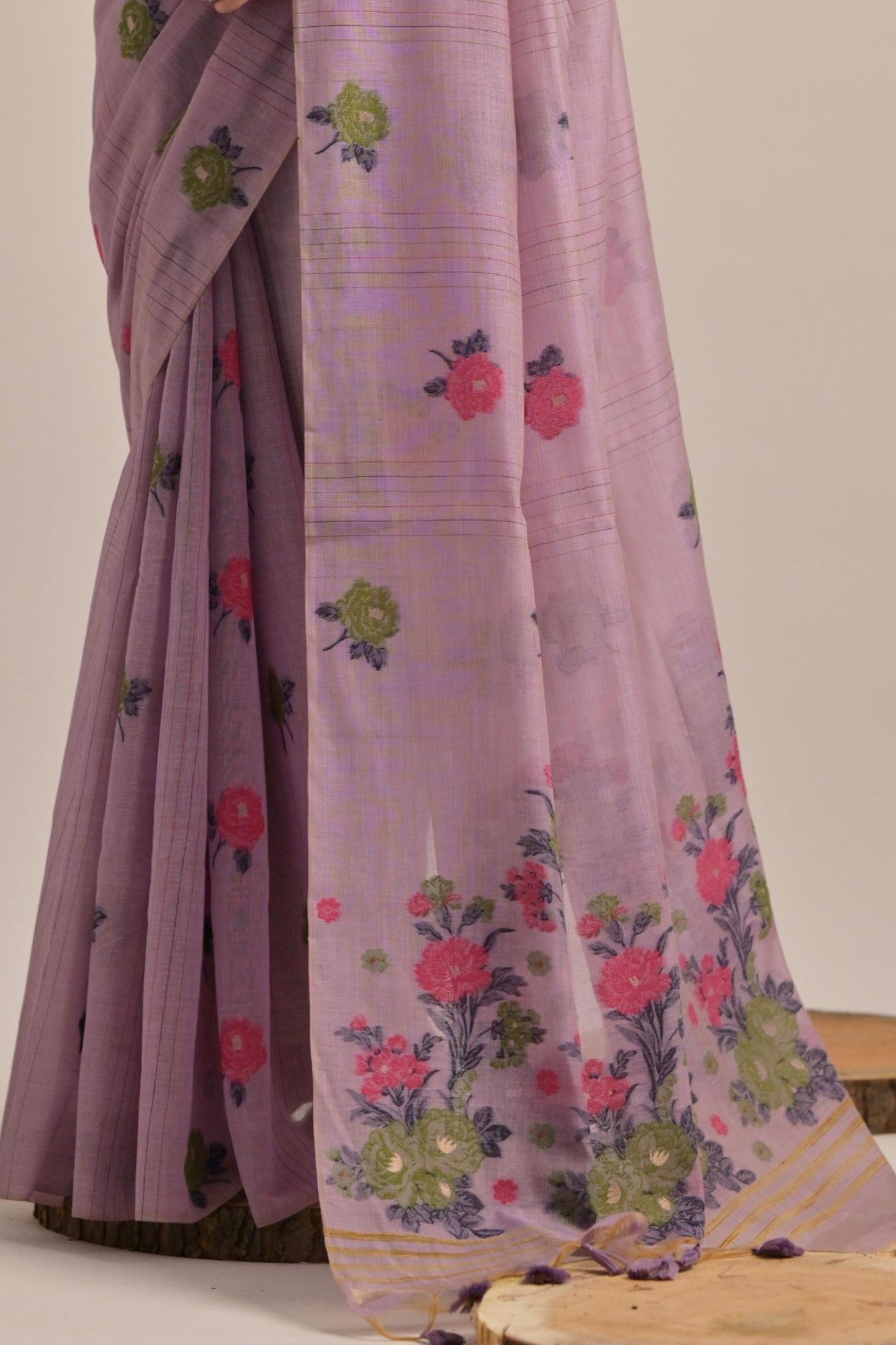 African Lavender Floral Woven Muga Cotton Saree