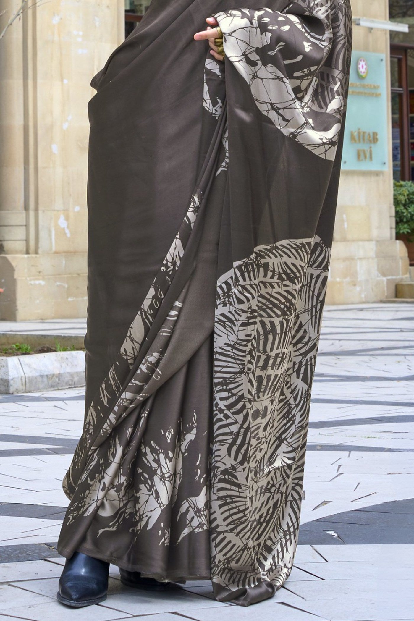 Cedar Brown Printed Satin Crepe Silk Saree