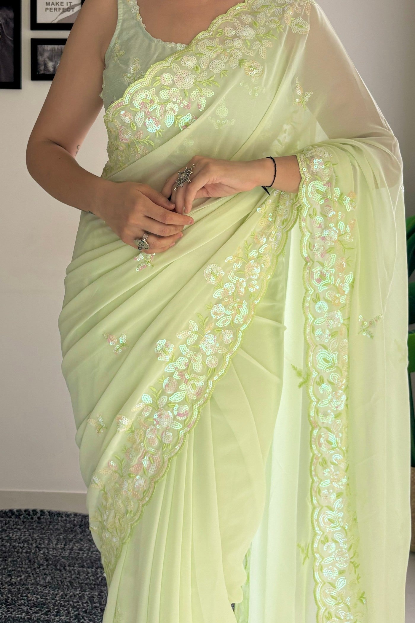 Pineapple Green Embroidery Georgette saree