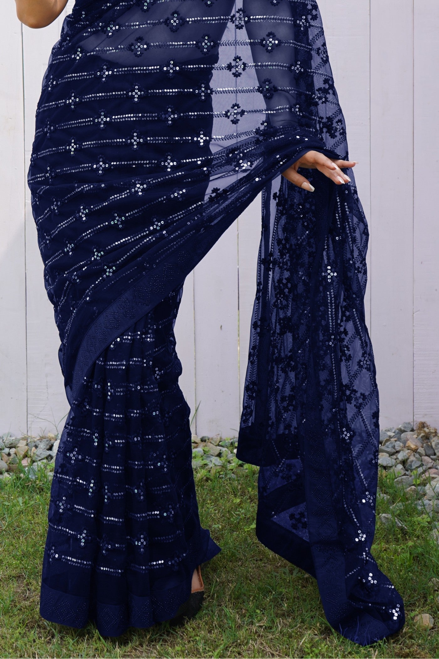 Berry Blue Embroidered Partywear Saree